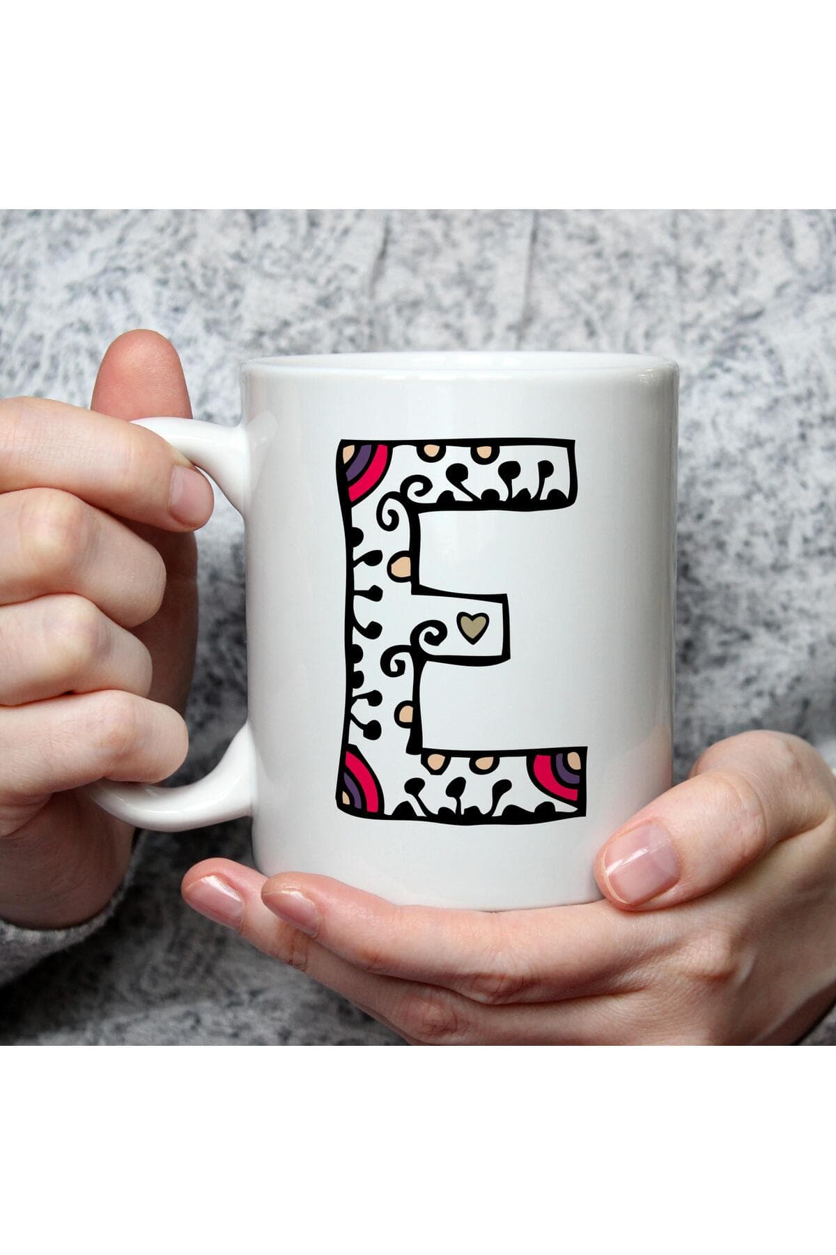 Etnik E Harf Baskılı Beyaz Kupa Bardak Fincan Mug