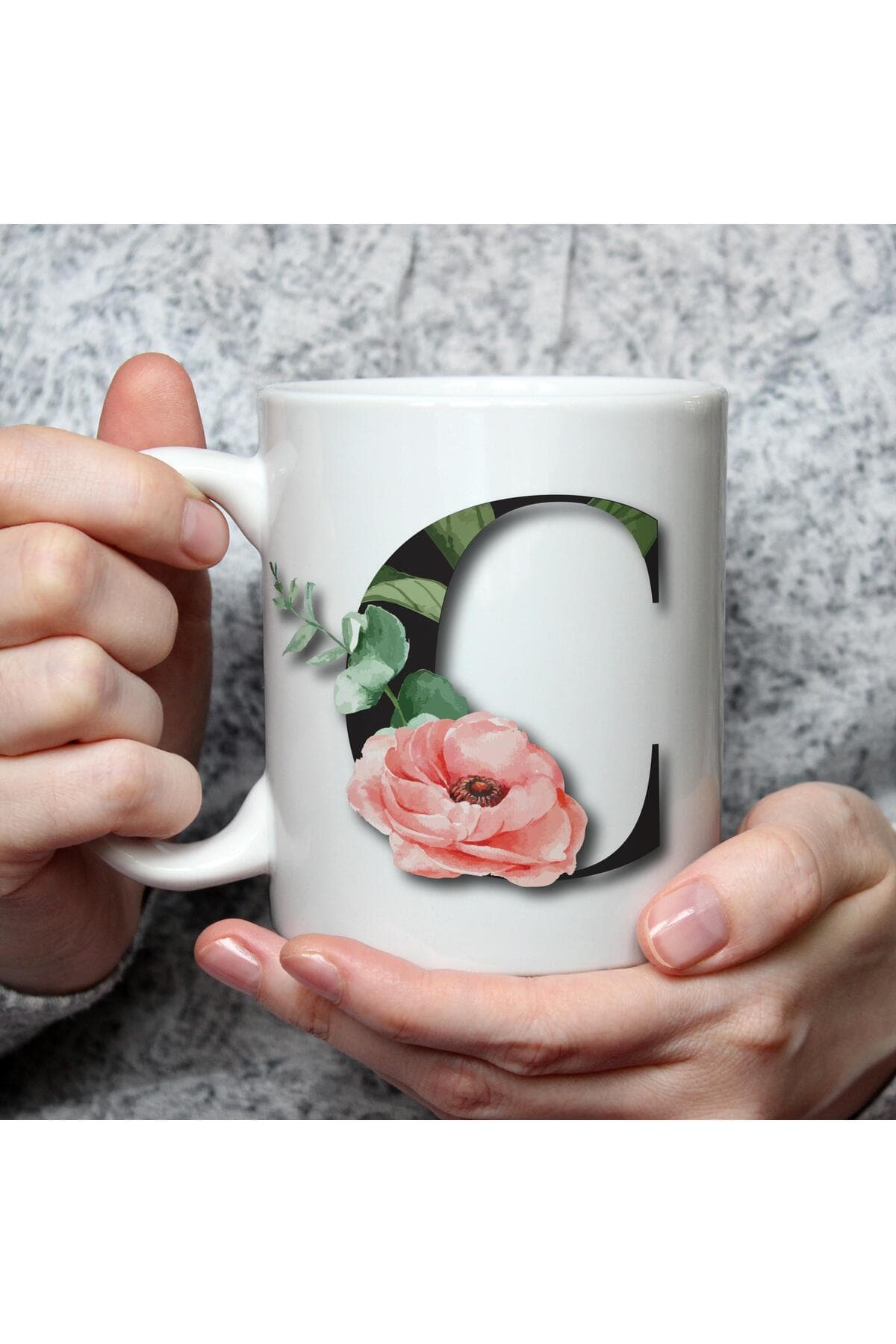 Çiçekli C Harf Baskılı Beyaz Kupa Bardak Fincan Mug