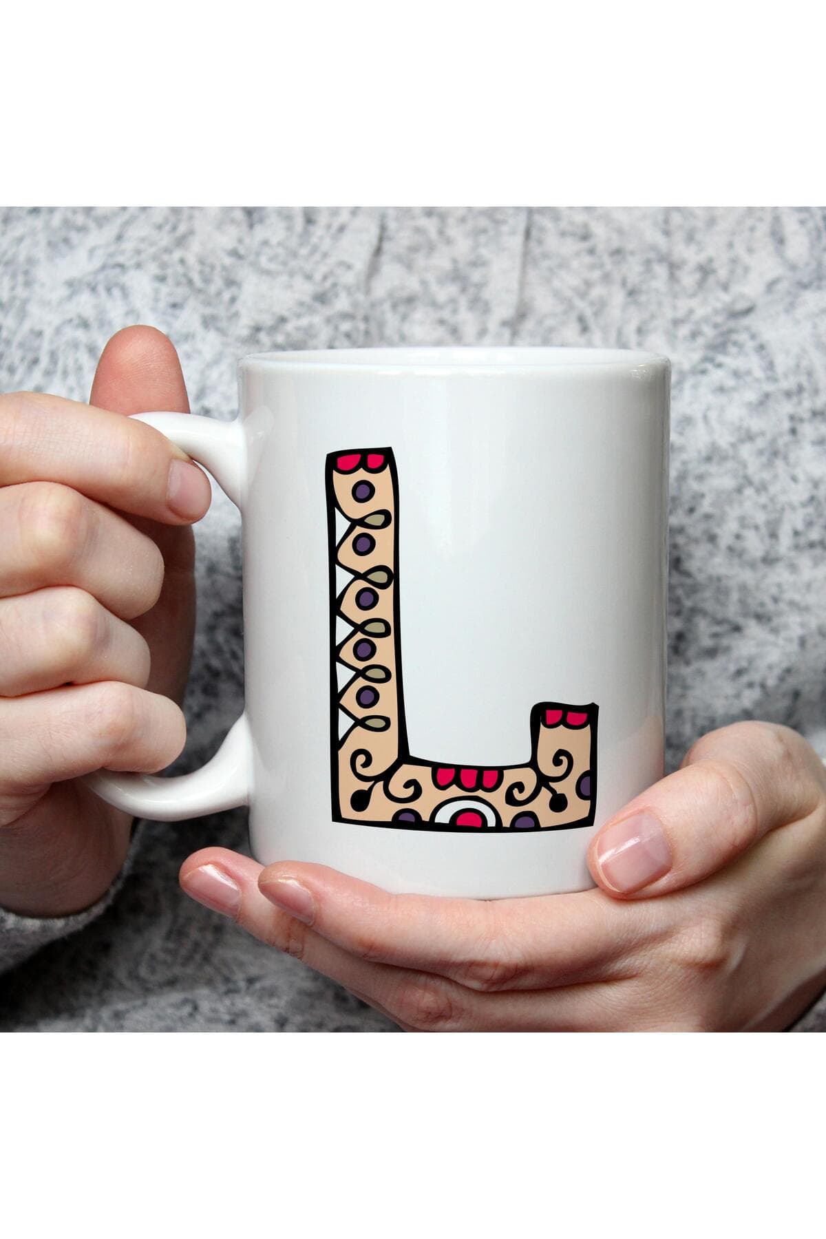 Etnik L Harf Baskılı Beyaz Kupa Bardak Fincan Mug