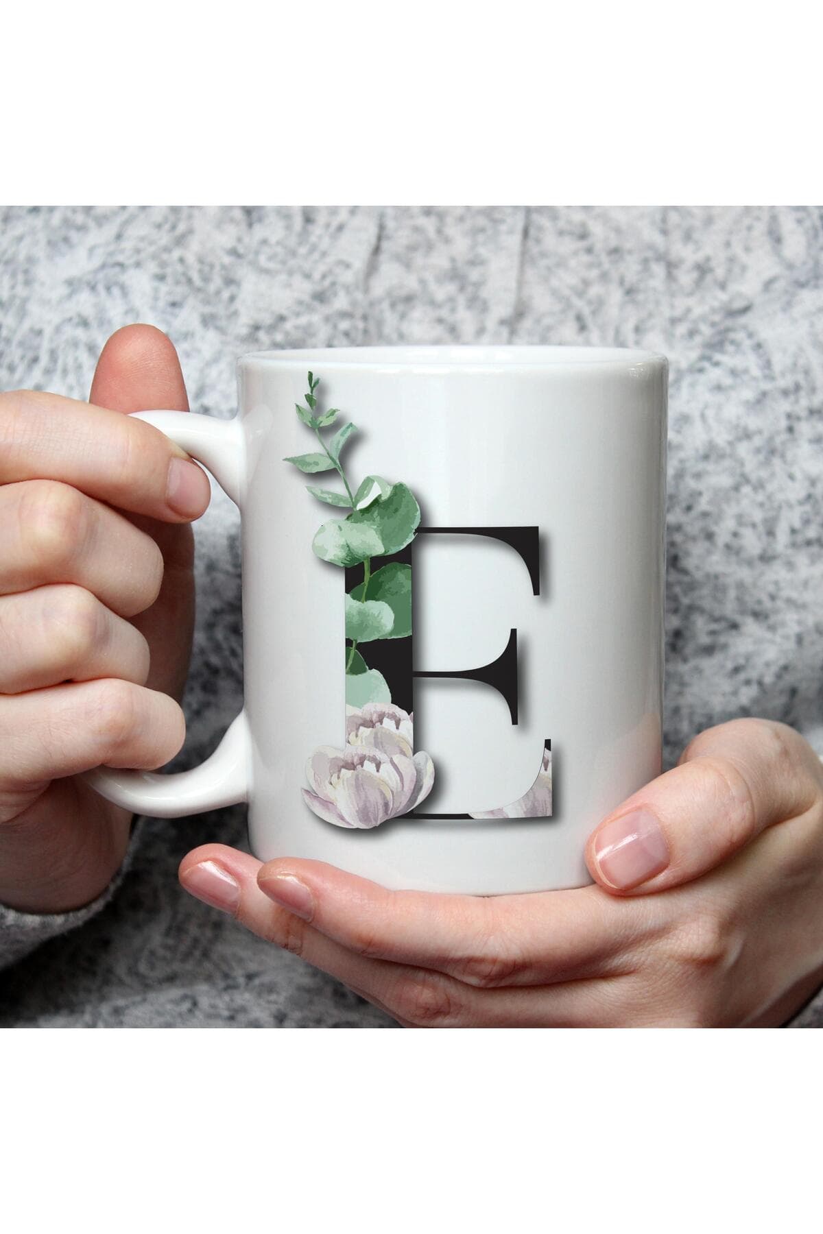 Çiçekli E Harf Baskılı Beyaz Kupa Bardak Fincan Mug
