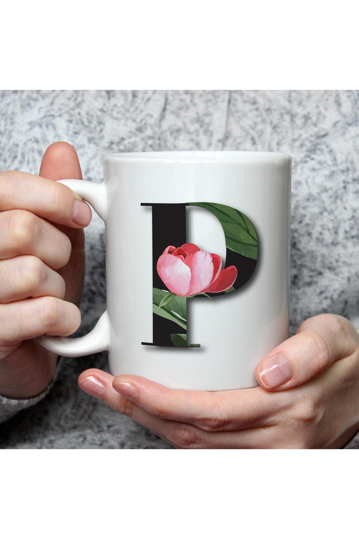 Çiçekli P Harf Baskılı Beyaz Kupa Bardak Fincan Mug