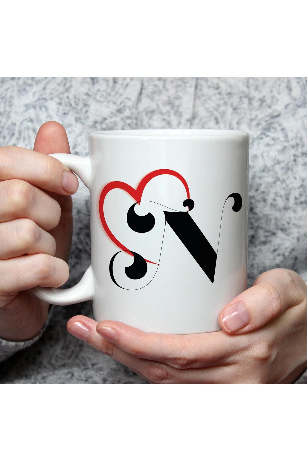 Kalpli N Harf Baskılı Beyaz Kupa Bardak Fincan Mug