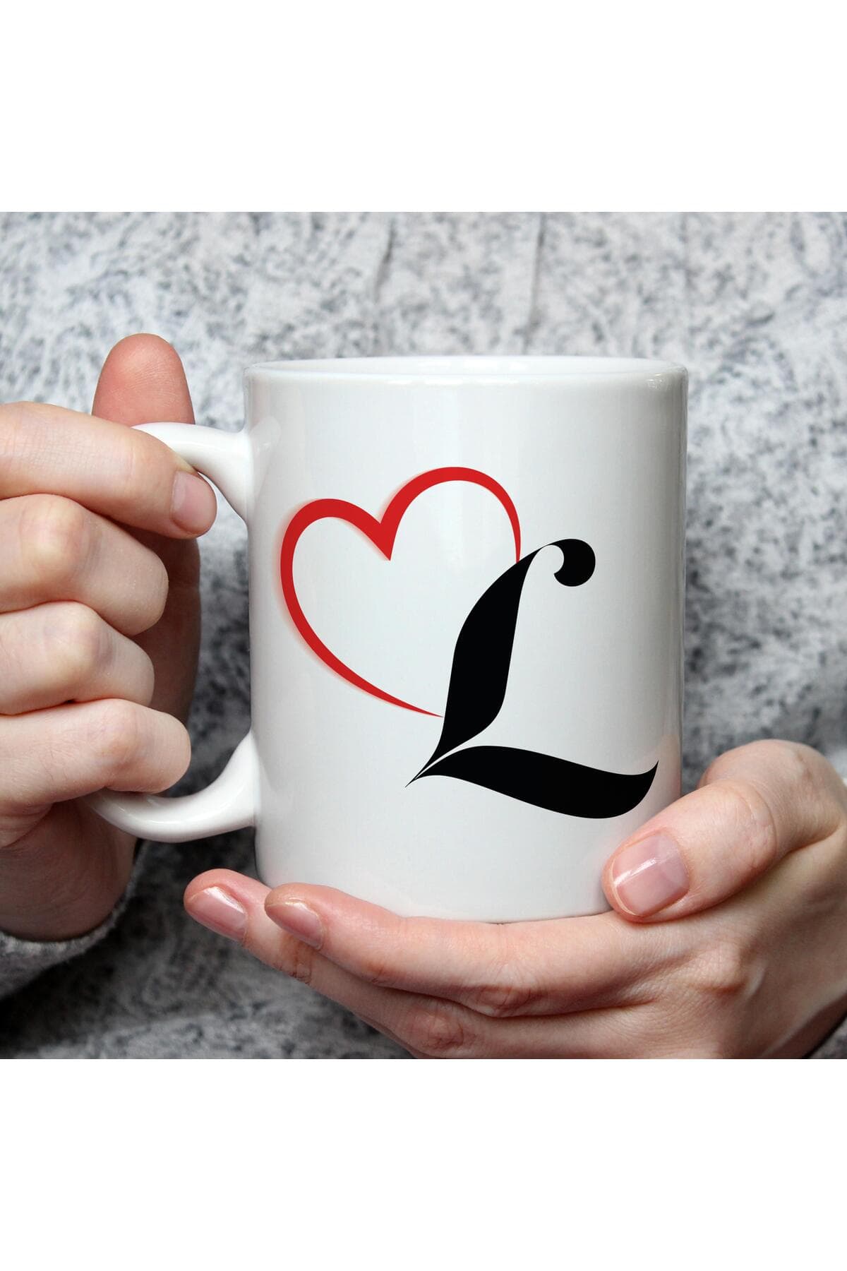Kalpli L Harf Baskılı Beyaz Kupa Bardak Fincan Mug