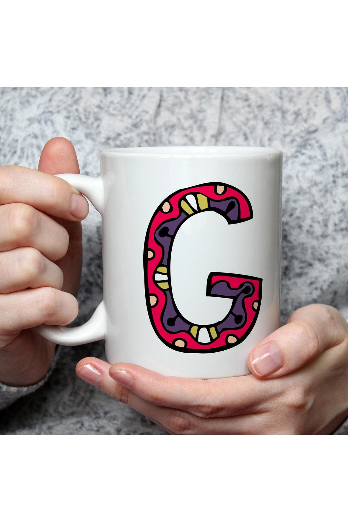 Etnik G Harf Baskılı Beyaz Kupa Bardak Fincan Mug