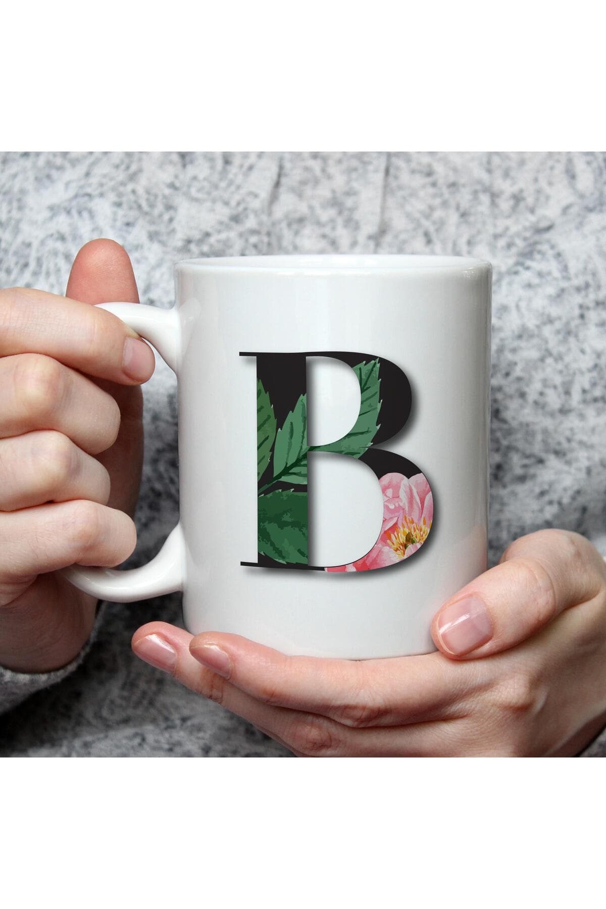 Çiçekli B Harf Baskılı Beyaz Kupa Bardak Fincan Mug