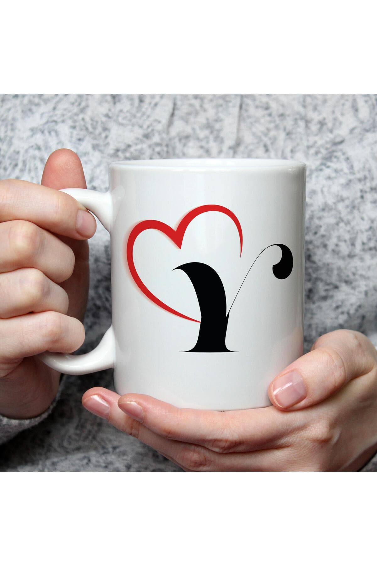 Kalpli Y Harf Baskılı Beyaz Kupa Bardak Fincan Mug