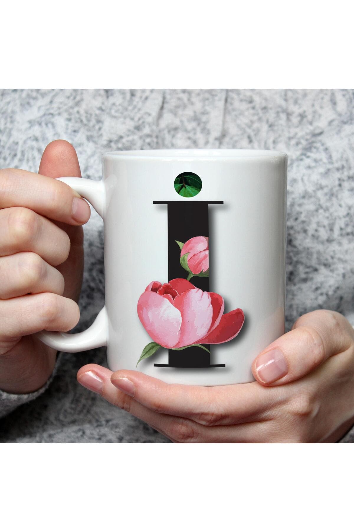 Çiçekli İ Harf Baskılı Beyaz Kupa Bardak Fincan Mug
