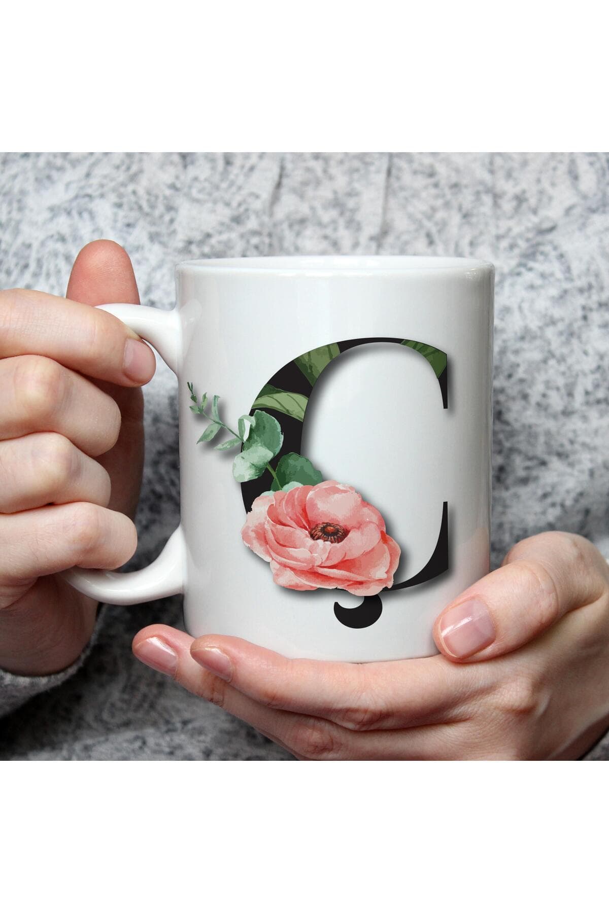 Çiçekli Ç Harf Baskılı Beyaz Kupa Bardak Fincan Mug
