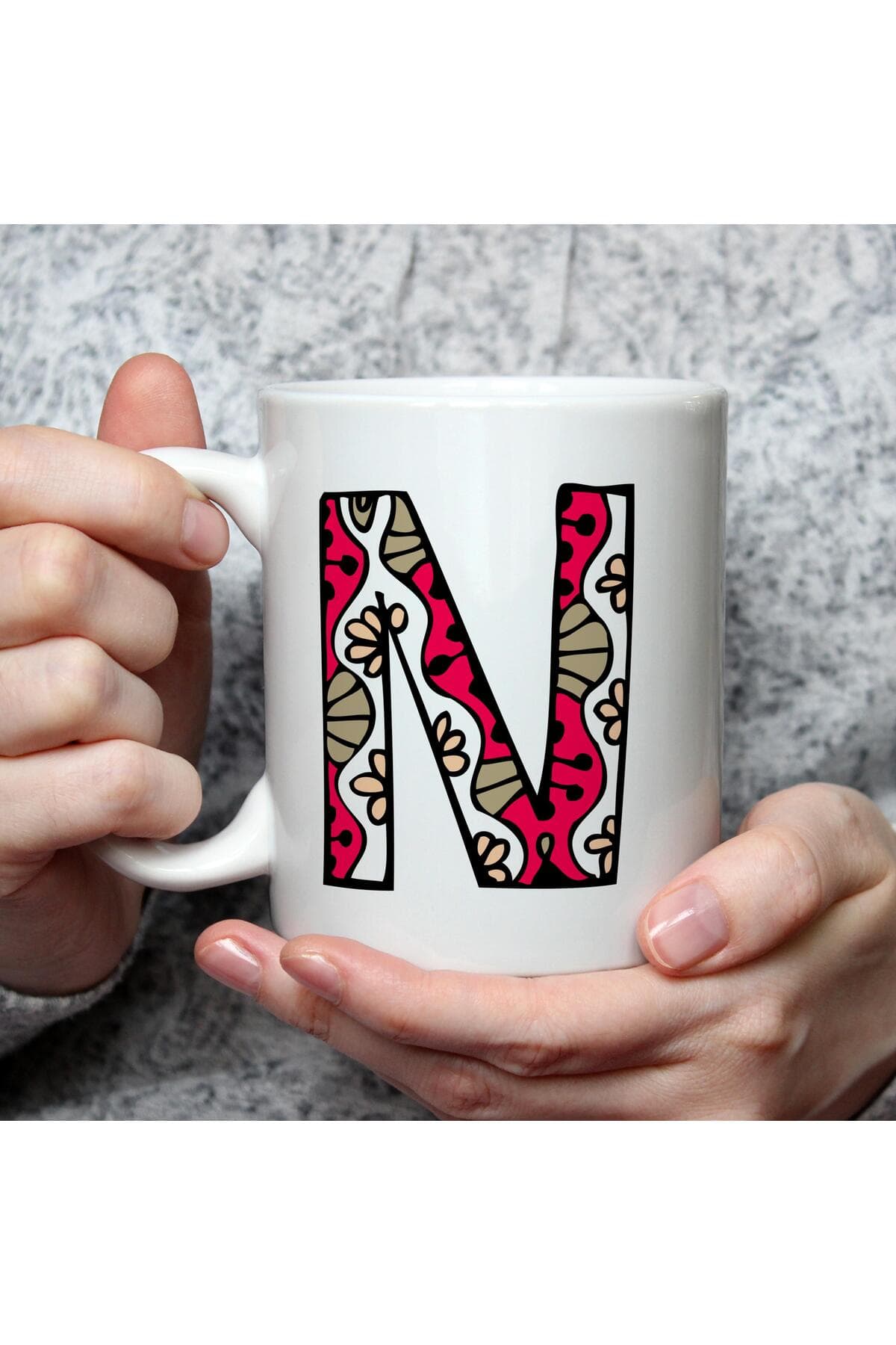 Etnik N Harf Baskılı Beyaz Kupa Bardak Fincan Mug