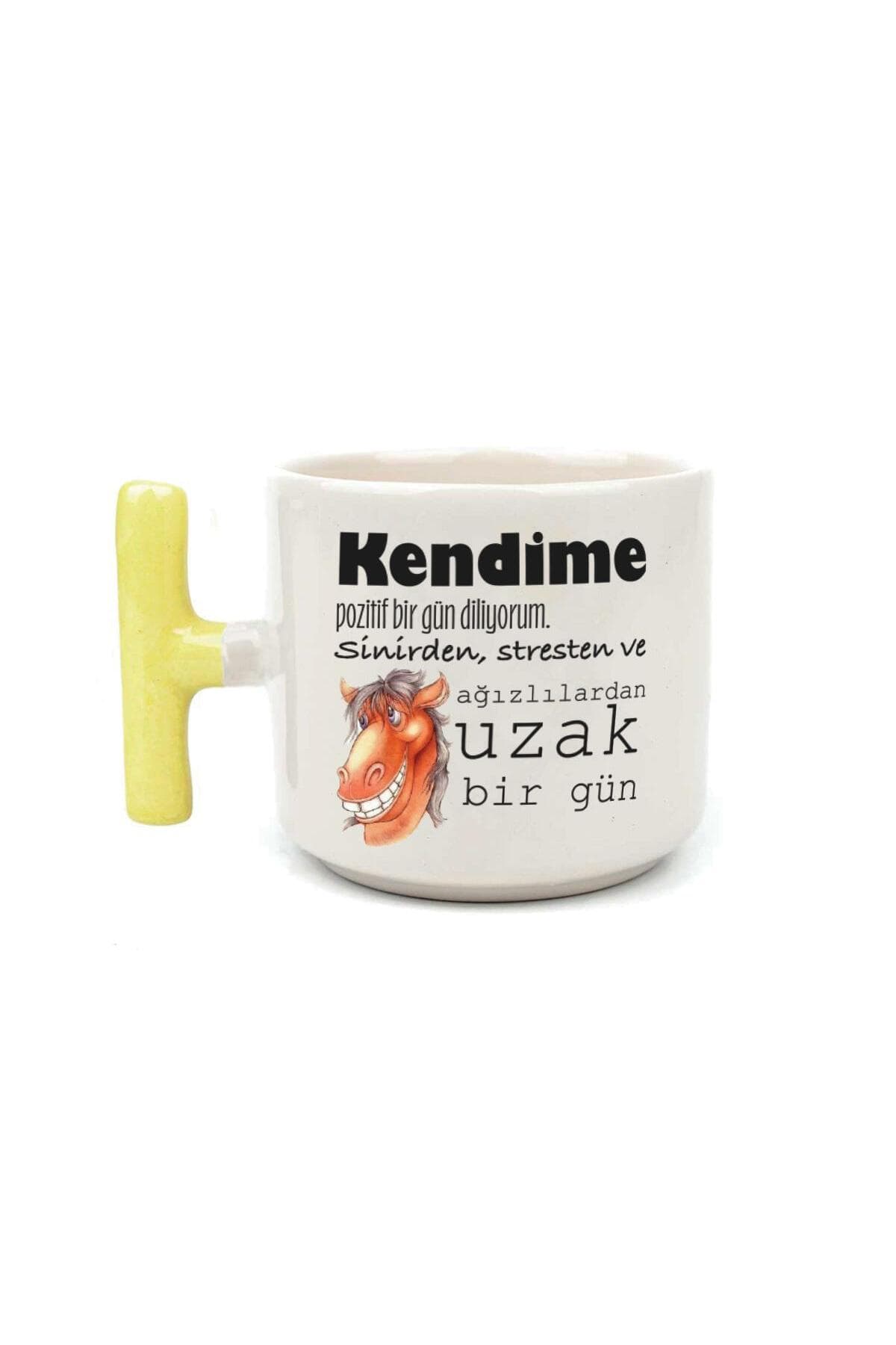 Kendime Pozitif Bir Gün Diliyorum Baskılı Sarı Kulplu T Kupa Bardak Fincan Mug