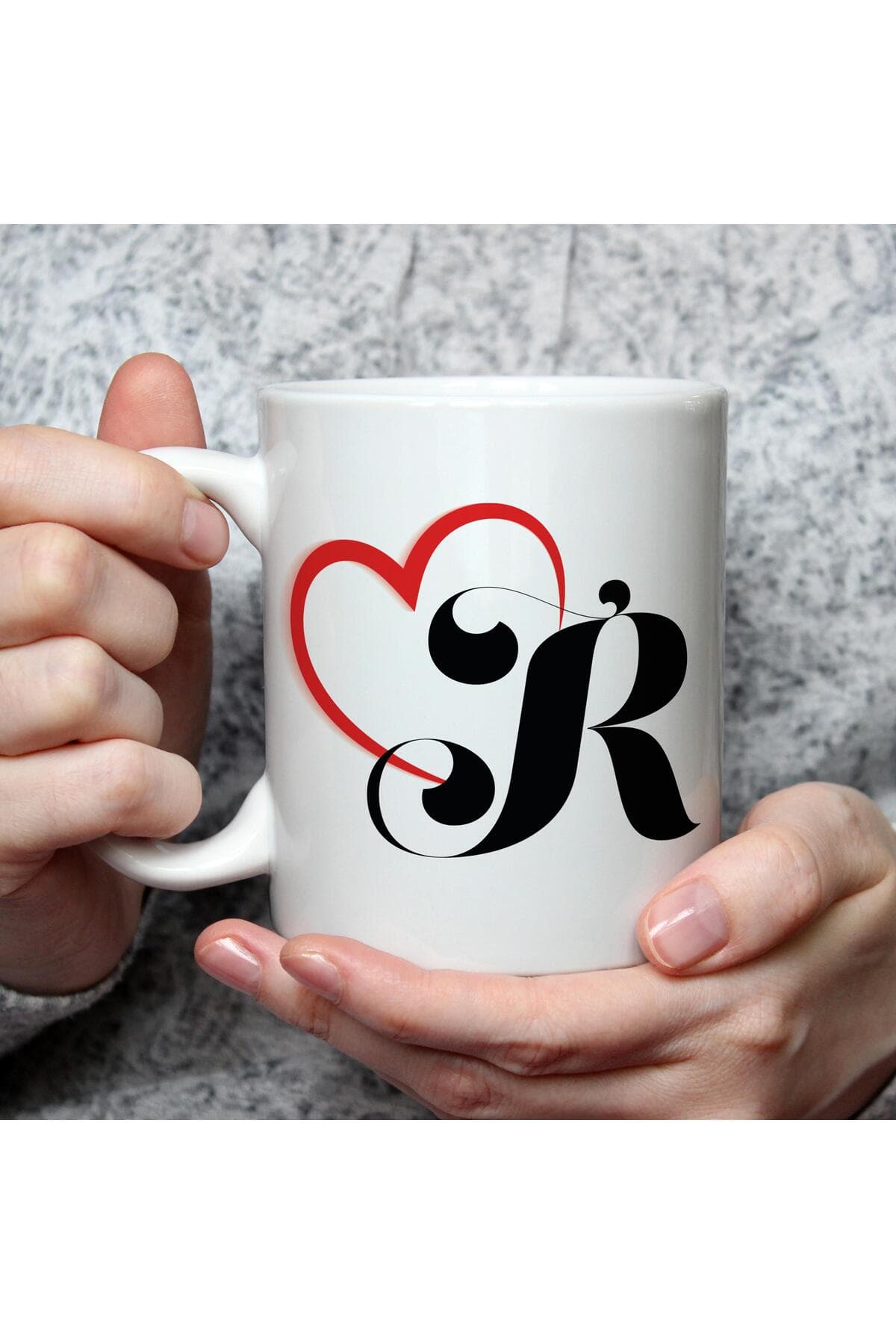 Kalpli R Harf Baskılı Beyaz Kupa Bardak Fincan Mug