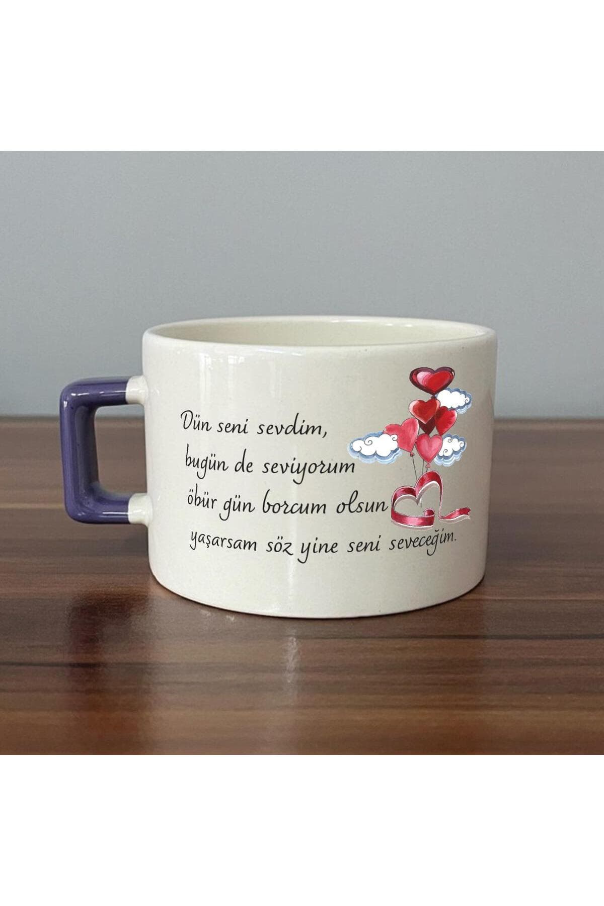 Dün Seni Sevdim Baskılı Mor Kulplu Kare Kupa Bardak Fincan Mug