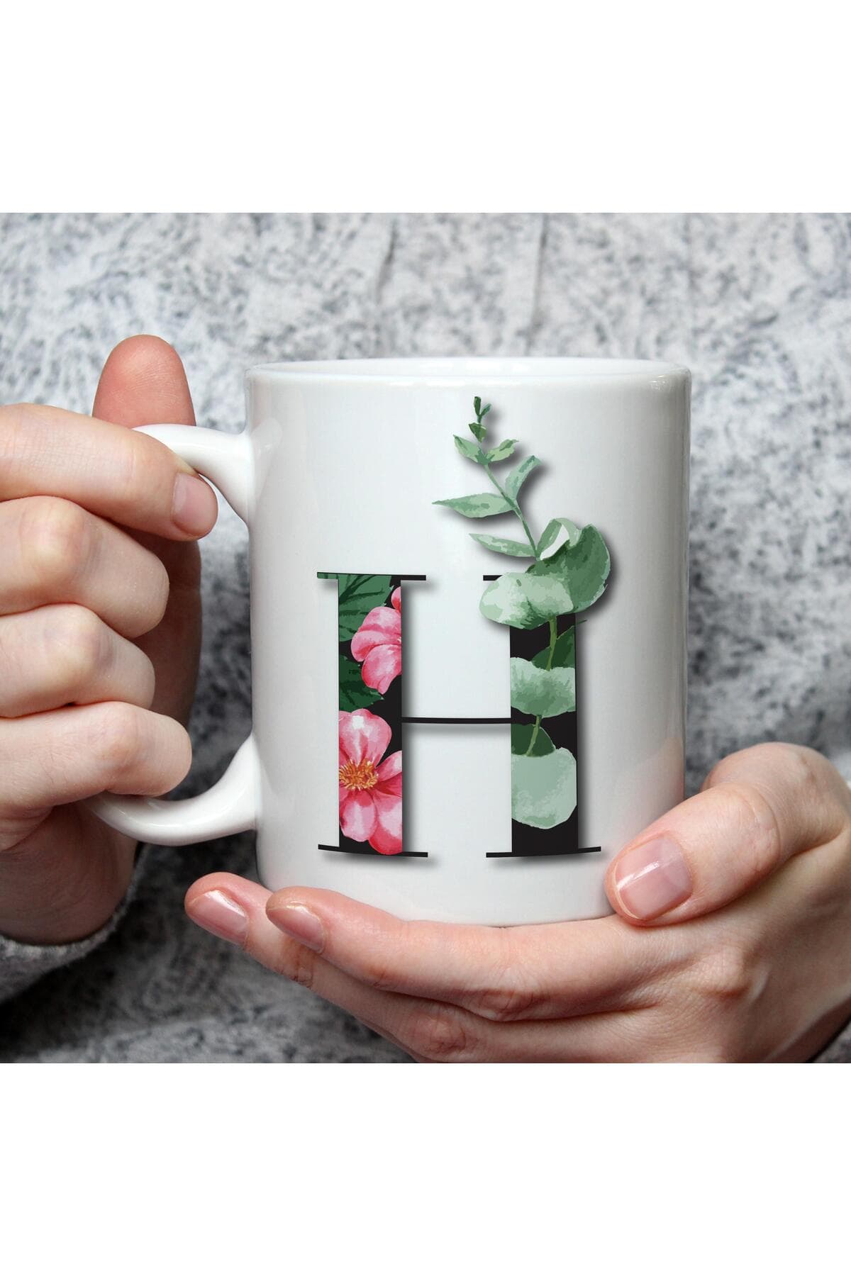 Çiçekli H Harf Baskılı Beyaz Kupa Bardak Fincan Mug