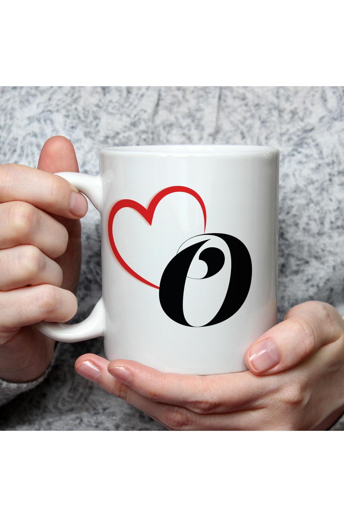 Kalpli O Harf Baskılı Beyaz Kupa Bardak Fincan Mug