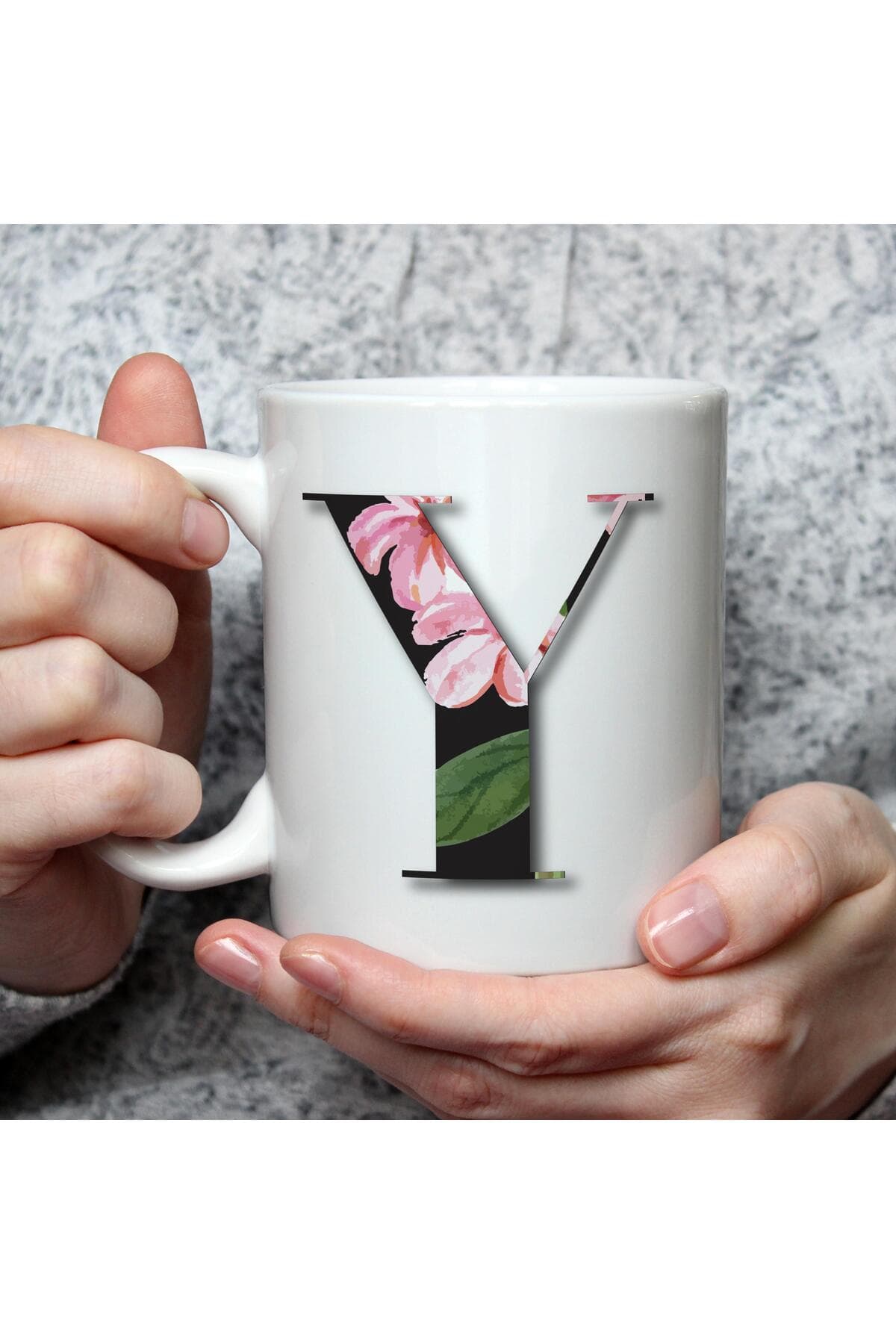 Çiçekli Y Harf Baskılı Beyaz Kupa Bardak Fincan Mug