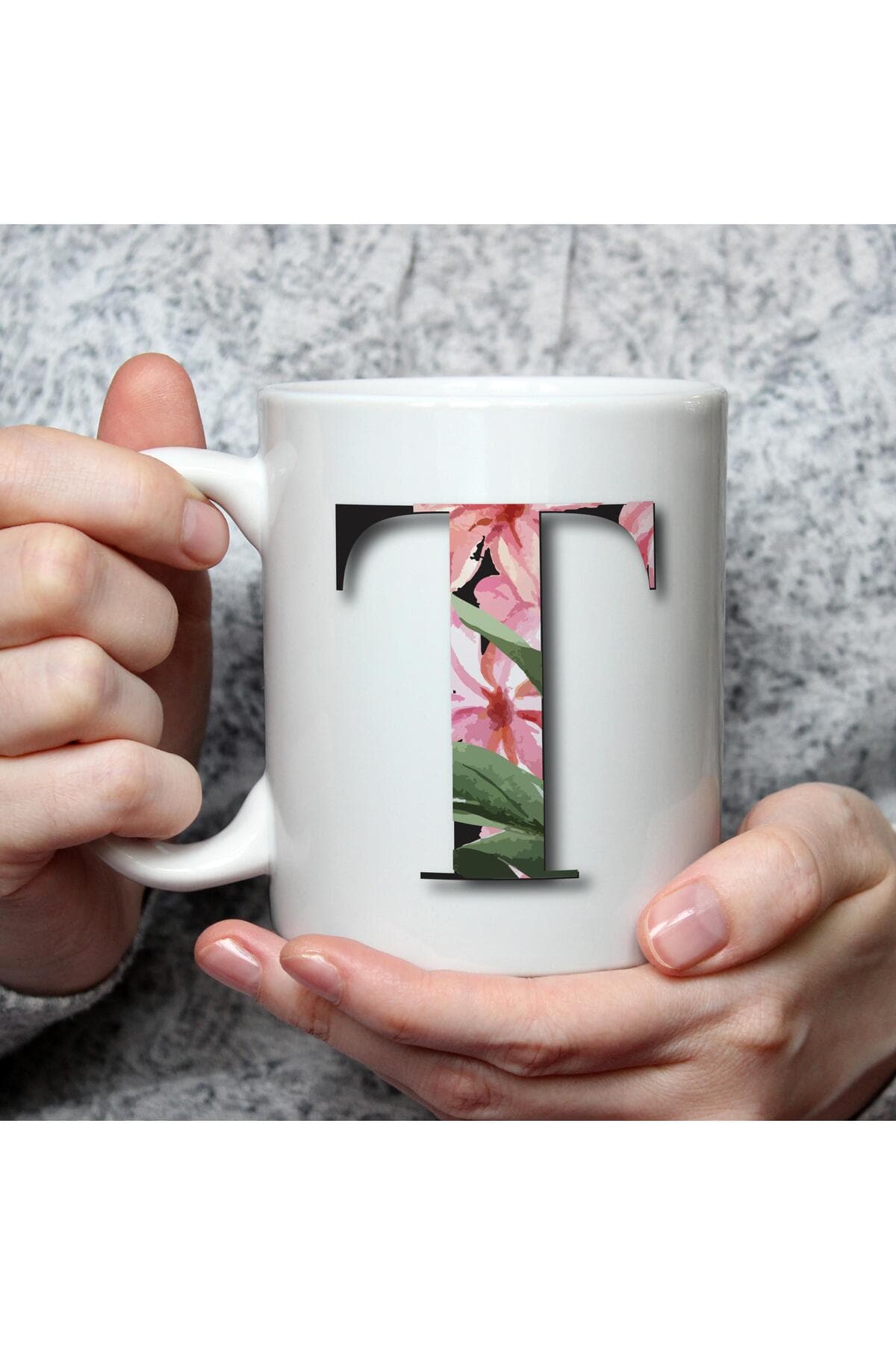 Çiçekli T Harf Baskılı Beyaz Kupa Bardak Fincan Mug