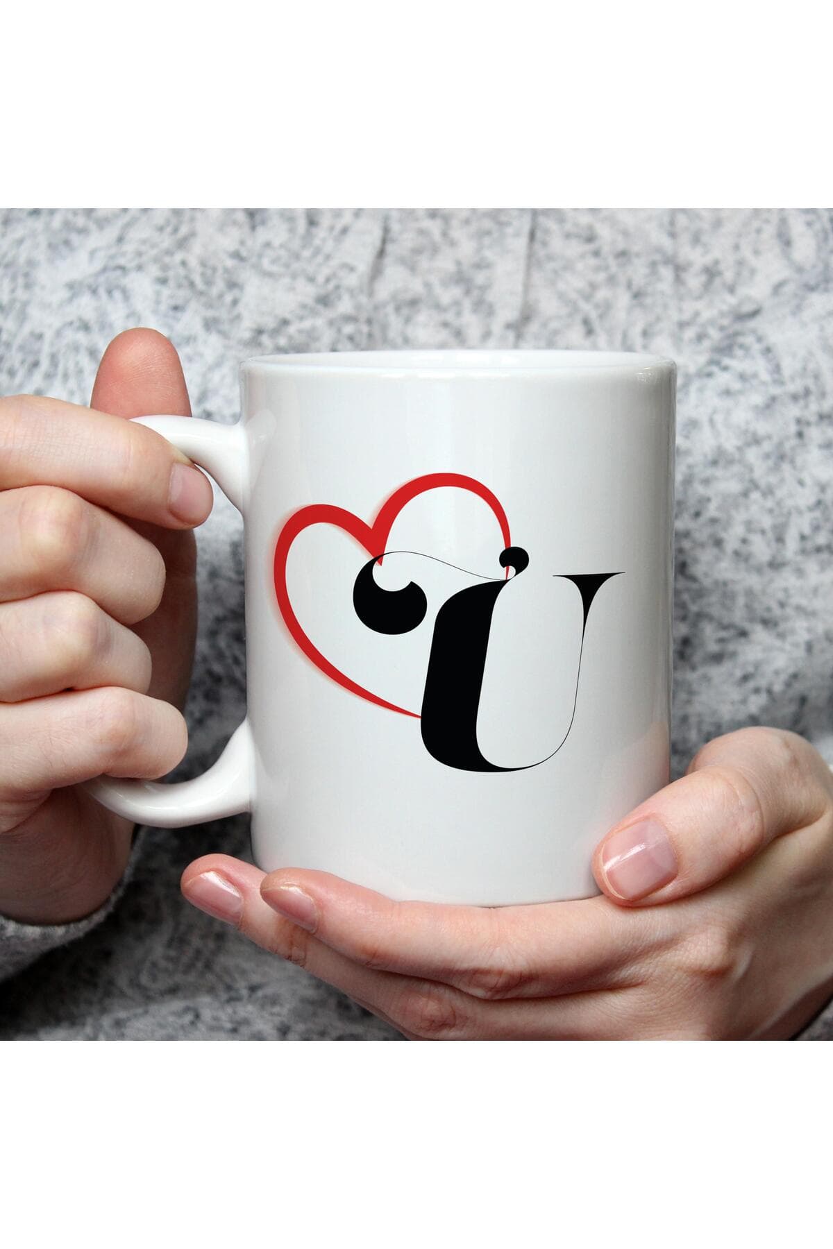 Kalpli U Harf Baskılı Beyaz Kupa Bardak Fincan Mug