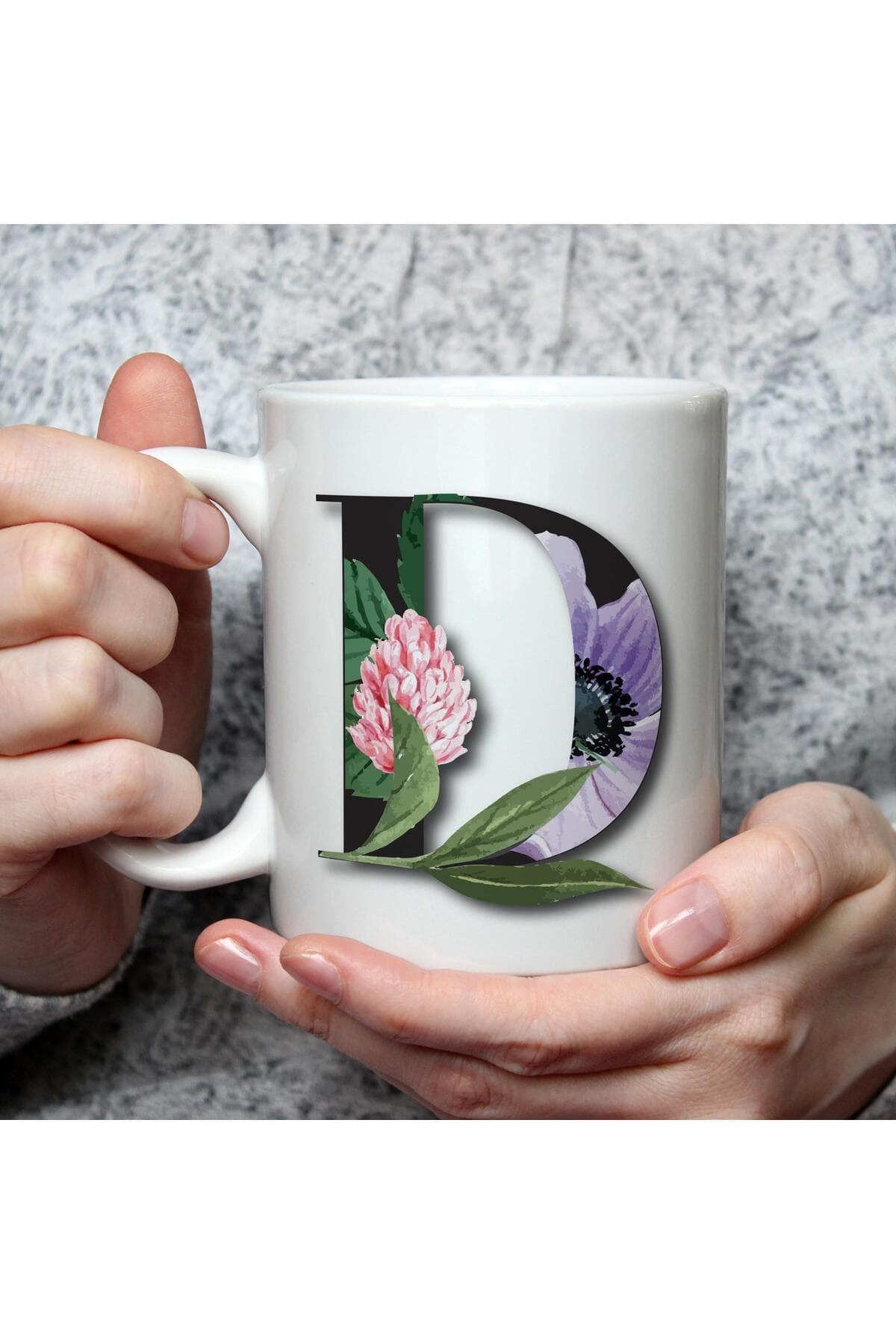 Çiçekli D Harf Baskılı Beyaz Kupa Bardak Fincan Mug
