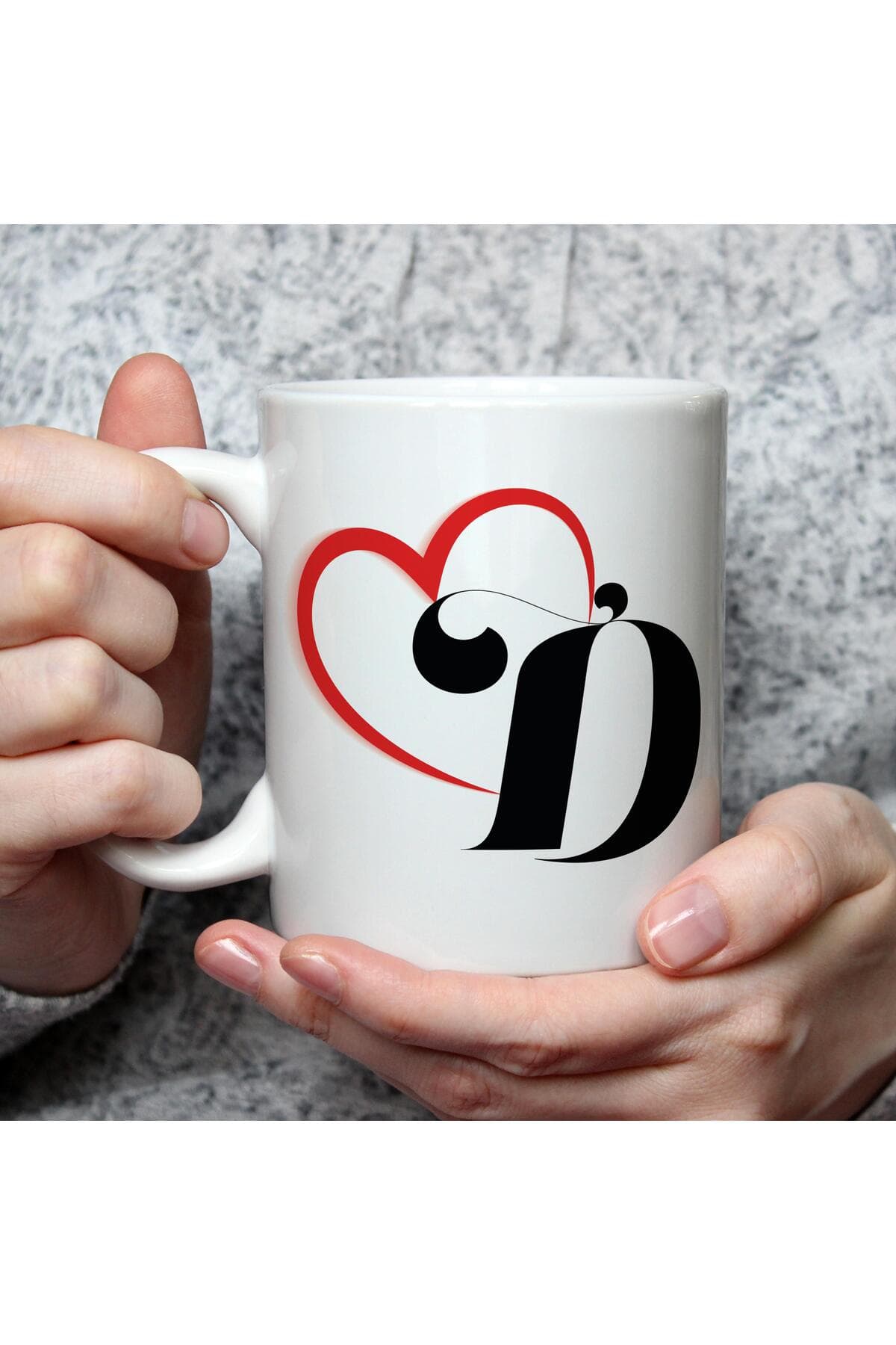 Kalpli D Harf Baskılı Beyaz Kupa Bardak Fincan Mug