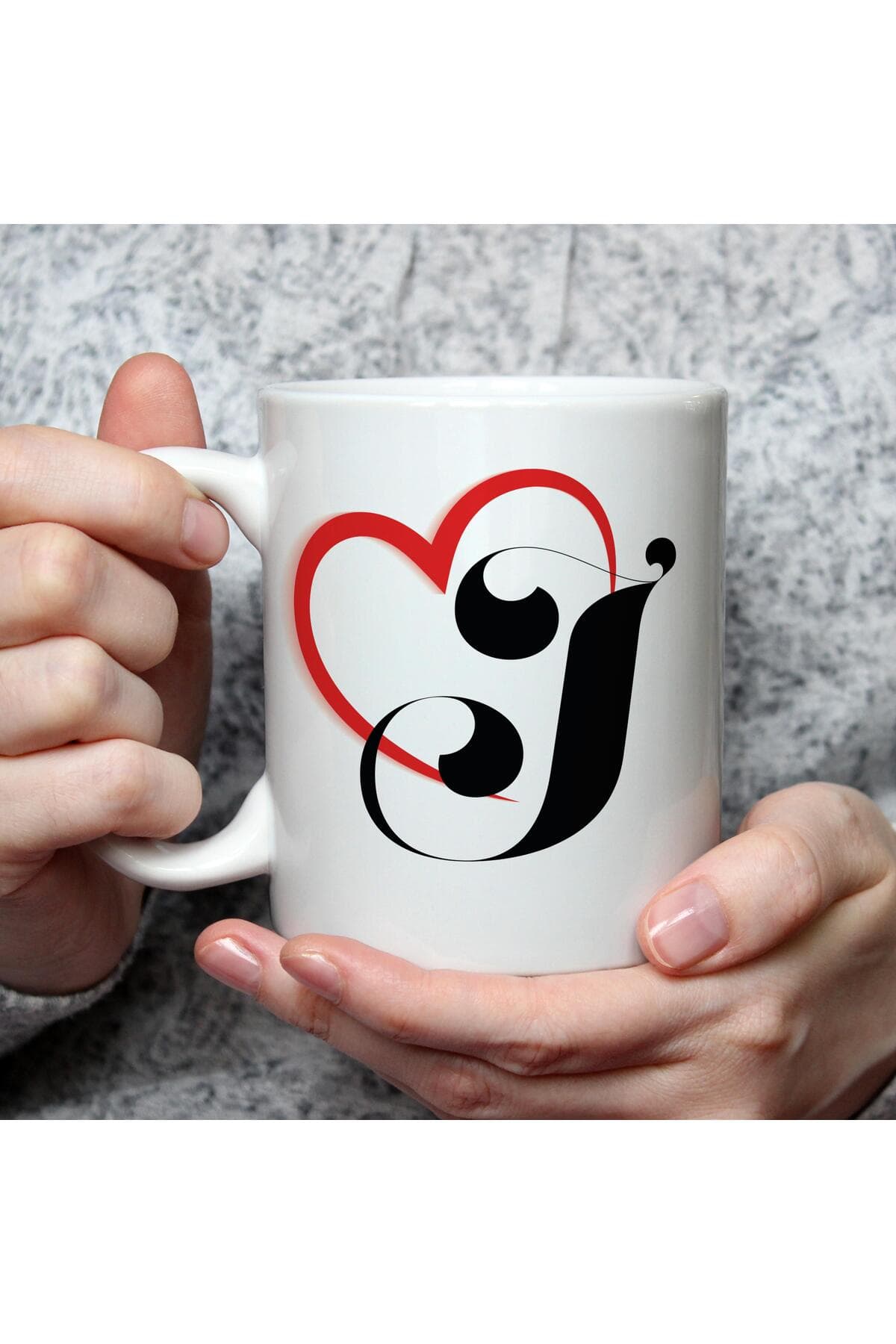 Kalpli J Harf Baskılı Beyaz Kupa Bardak Fincan Mug