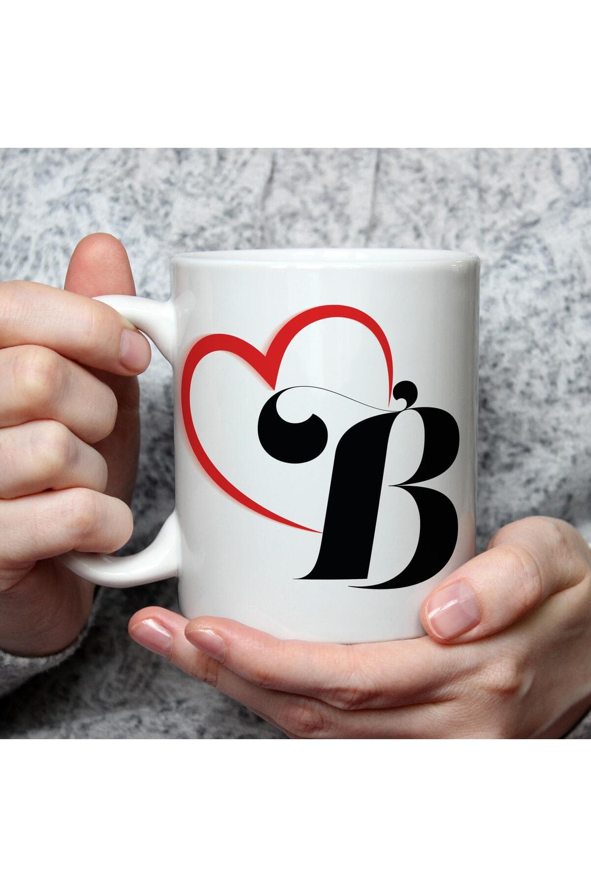 Kalpli B Harf Baskılı Beyaz Kupa Bardak Fincan Mug