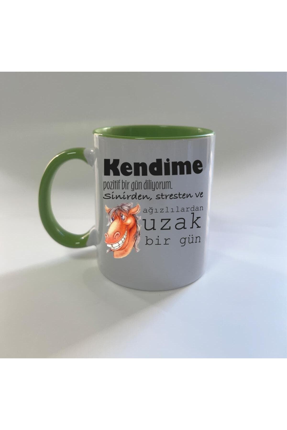 Kendime Pozitif Bir Gün Diliyorum Baskılı Yeşil İçi ve Kulbu Renkli Mega Kupa Bardak Fincan Mug