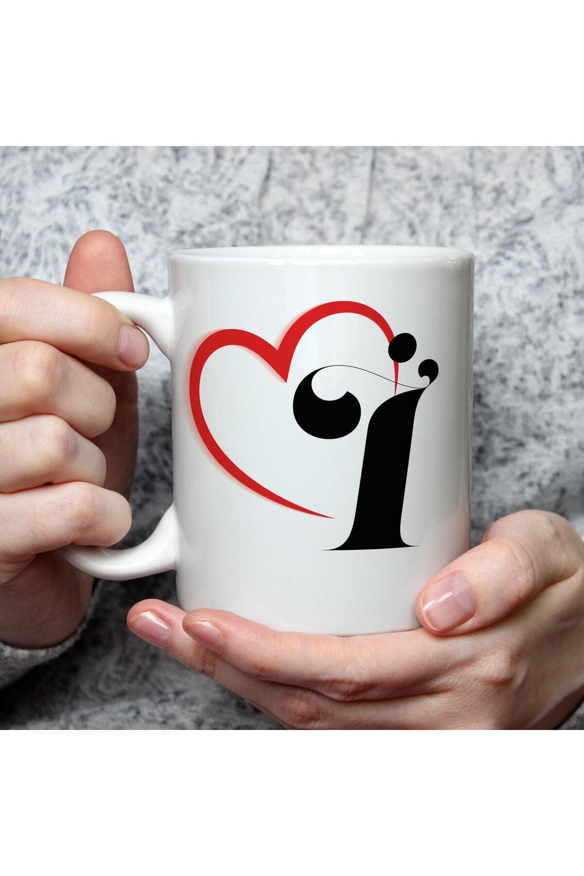 Kalpli İ Harf Baskılı Beyaz Kupa Bardak Fincan Mug