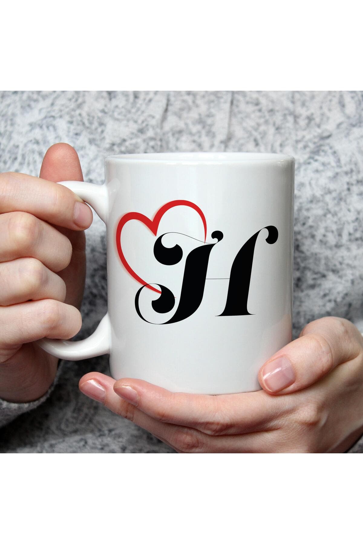 Kalpli H Harf Baskılı Beyaz Kupa Bardak Fincan Mug