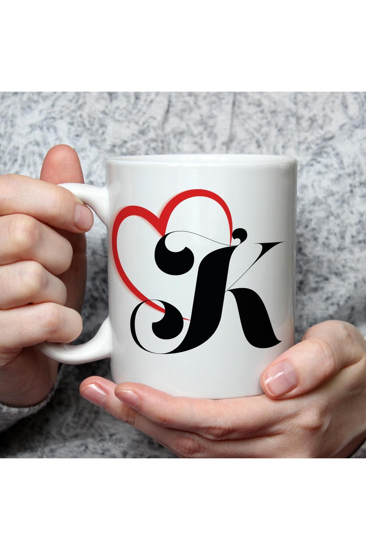 Kalpli K Harf Baskılı Beyaz Kupa Bardak Fincan Mug