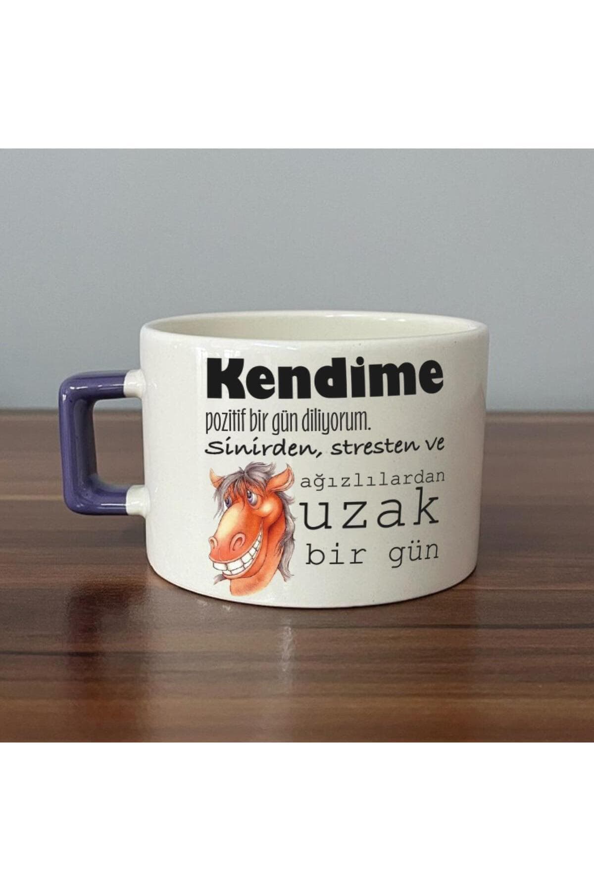 Kendime Pozitif Bir Gün Diliyorum Baskılı Mor Kulplu Kare Kupa Bardak Fincan Mug