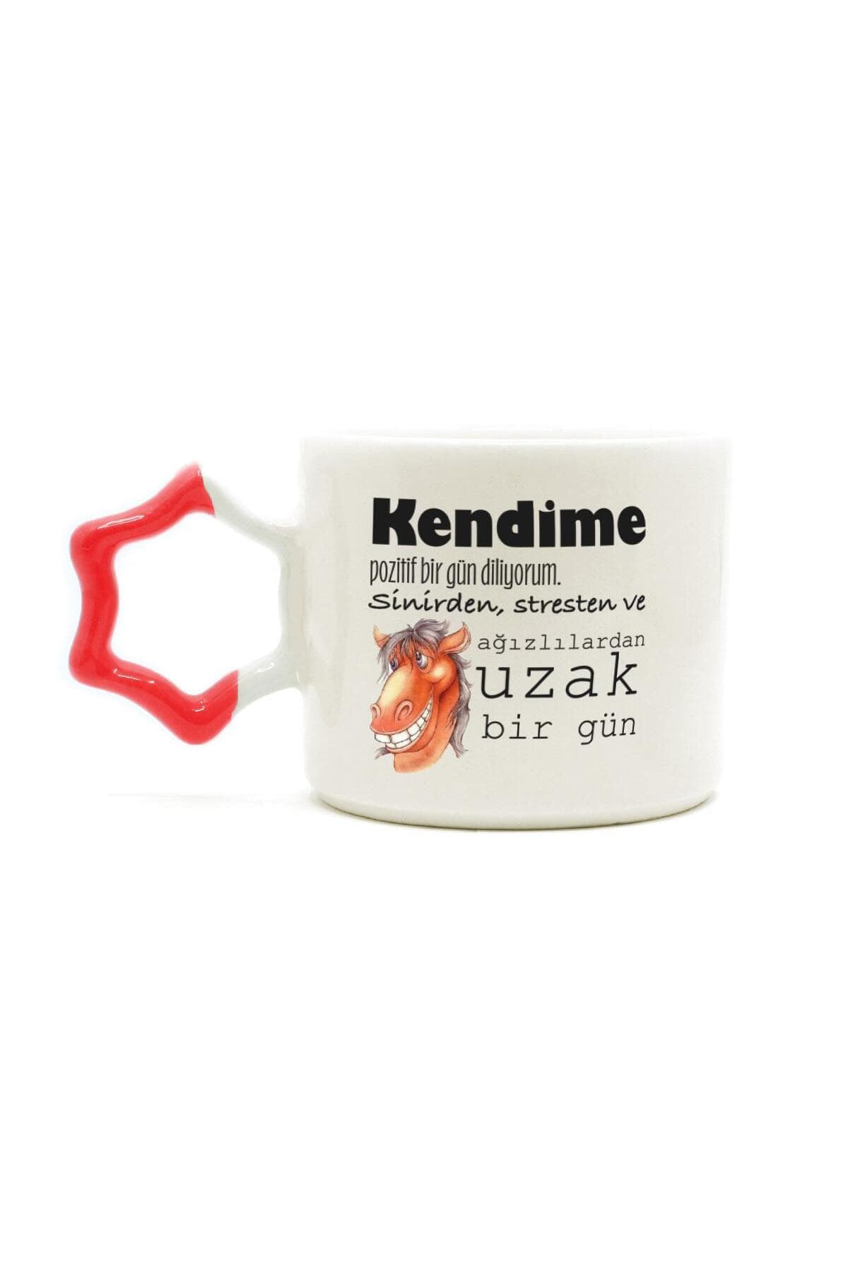 Kendime Pozitif Bir Gün Diliyorum Baskılı Kırmızı Kulplu Yıldız Kupa Bardak Fincan Mug