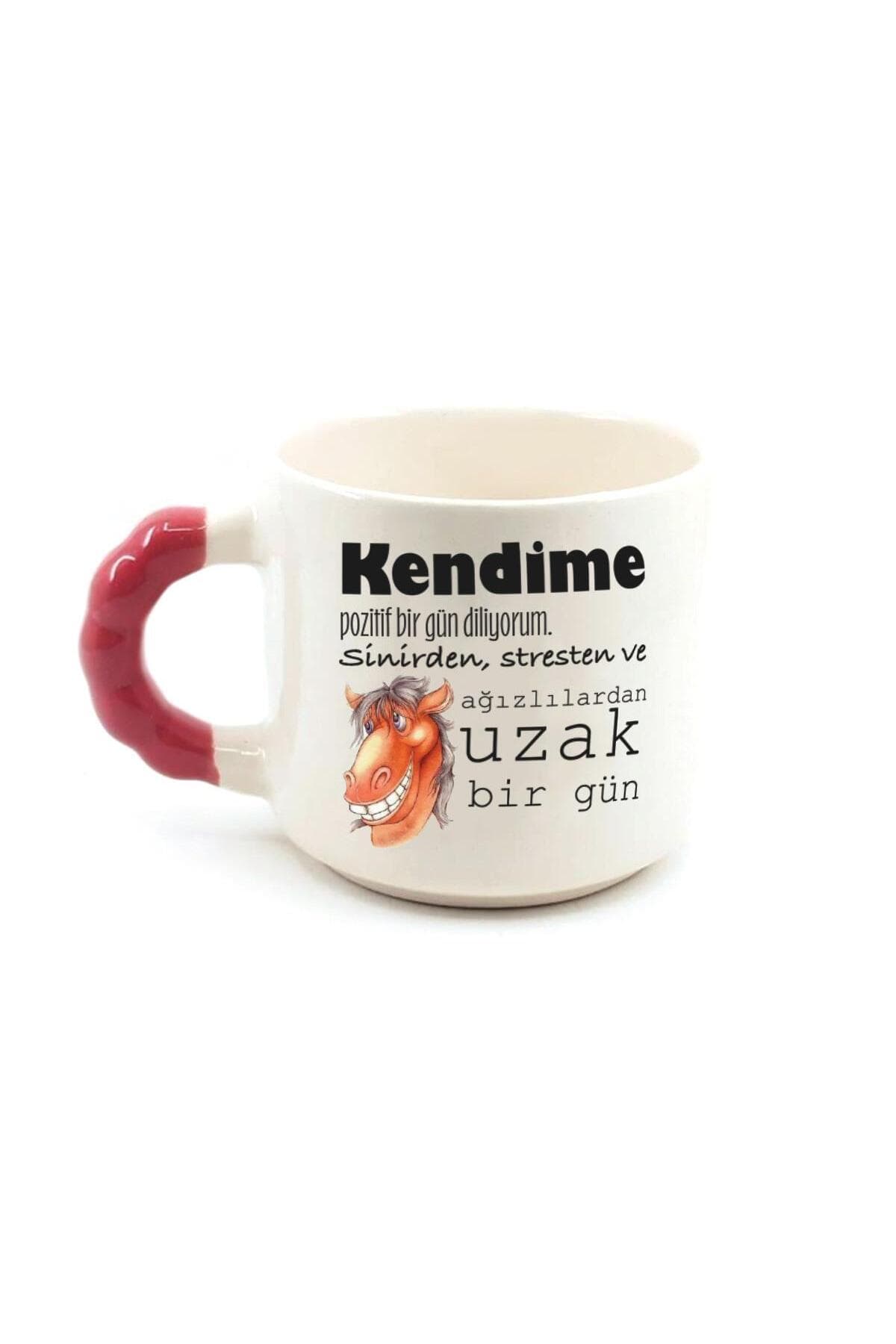 Kendime Pozitif Bir Gün Diliyorum Baskılı Kırmızı Kulplu Boncuk Kupa Bardak Fincan Mug
