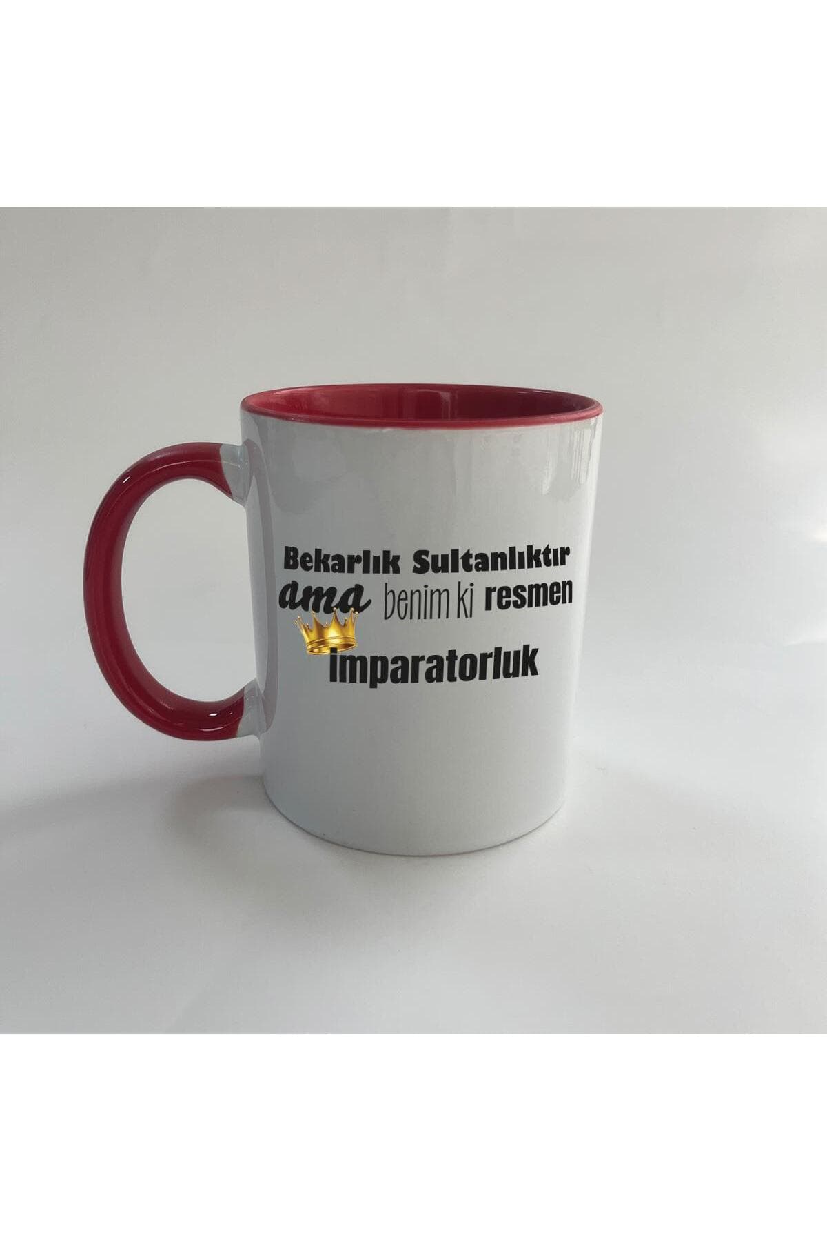 Bekarlık Sultanlıktır Ama Baskılı Kırmızı İçi ve Kulbu Renkli Mega Kupa Bardak Fincan Mug