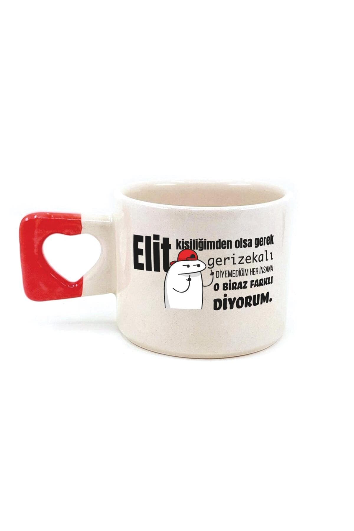Elit Kişiliğimden Olsa Gerek Baskılı Kırmızı Kulplu Kalp Kupa Bardak Fincan Mug