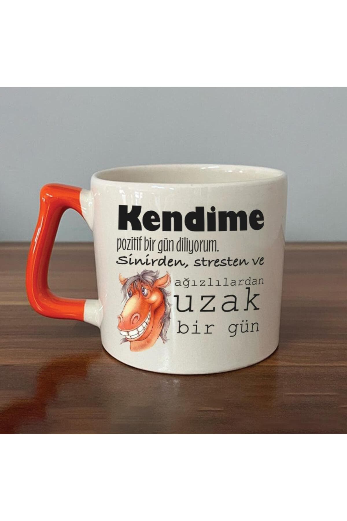 Kendime Pozitif Bir Gün Diliyorum Baskılı Turuncu Kulplu Prime Kupa Bardak Fincan Mug