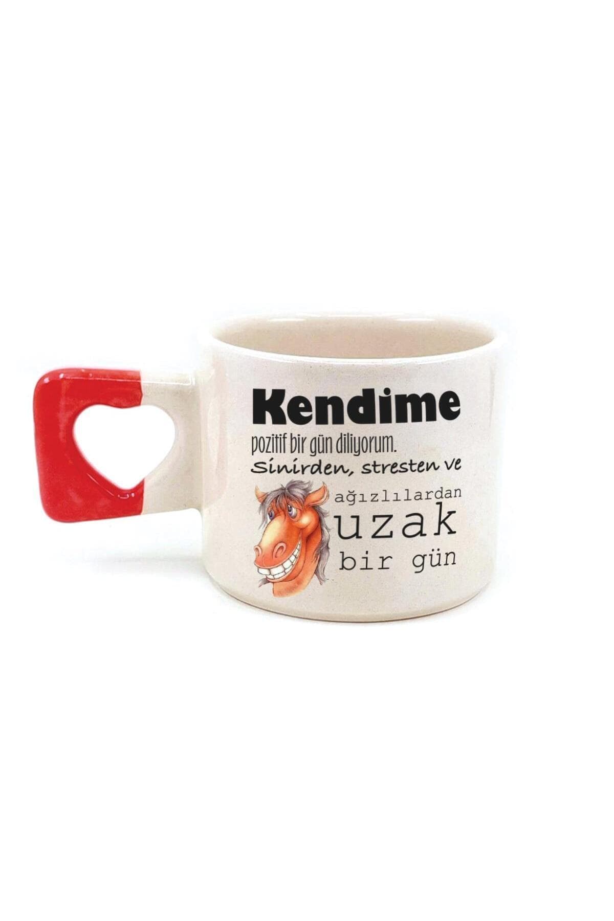 Kendime Pozitif Bir Gün Diliyorum Baskılı Kırmızı Kulplu Kalp Kupa Bardak Fincan Mug
