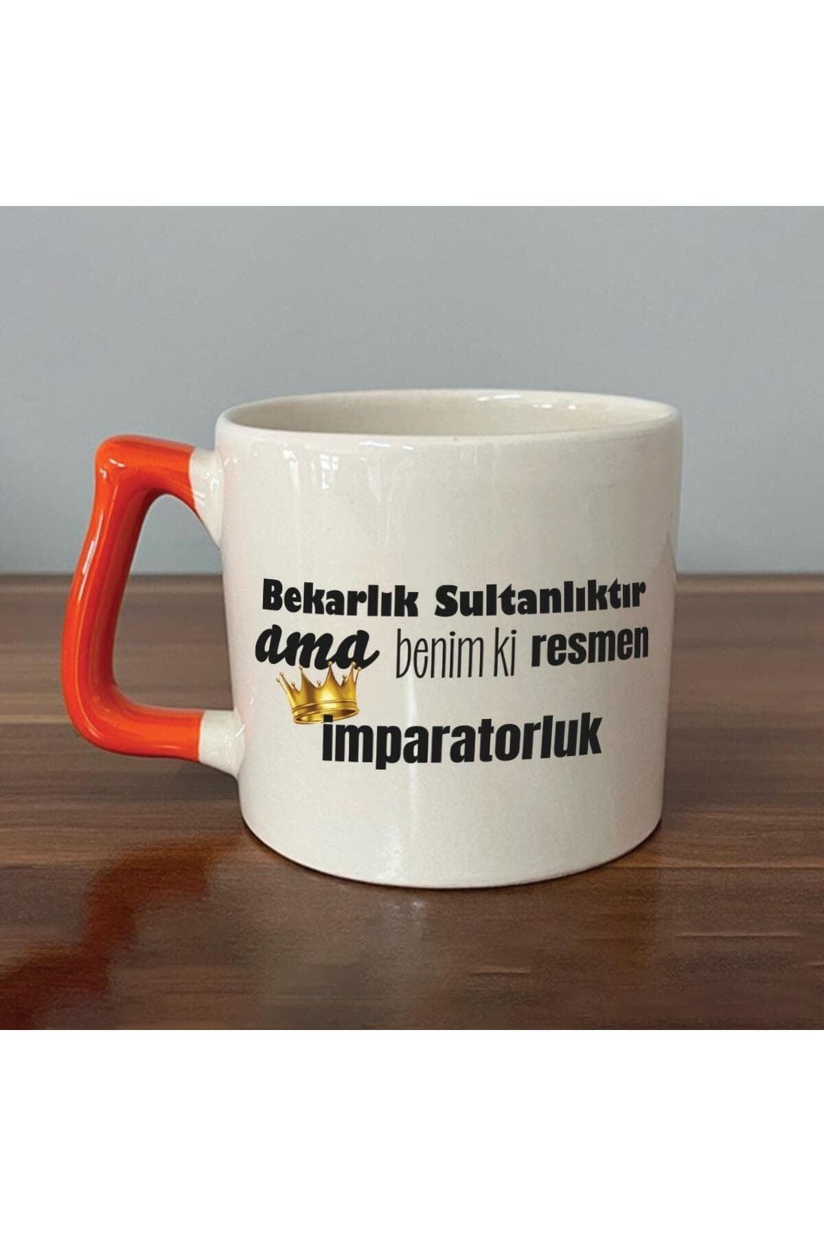 Bekarlık Sultanlıktır Ama Baskılı Turuncu Kulplu Prime Kupa Bardak Fincan Mug