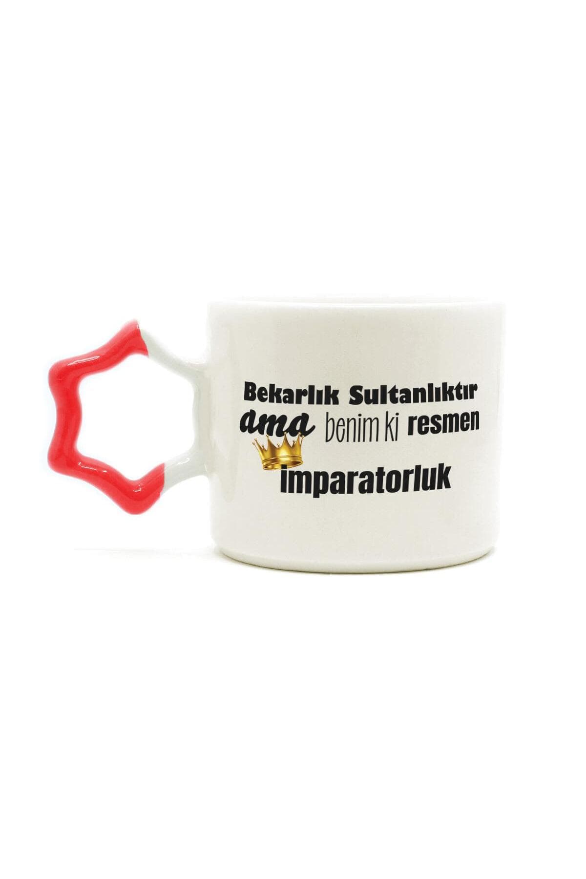 Bekarlık Sultanlıktır Ama Baskılı Kırmızı Kulplu Yıldız Kupa Bardak Fincan Mug