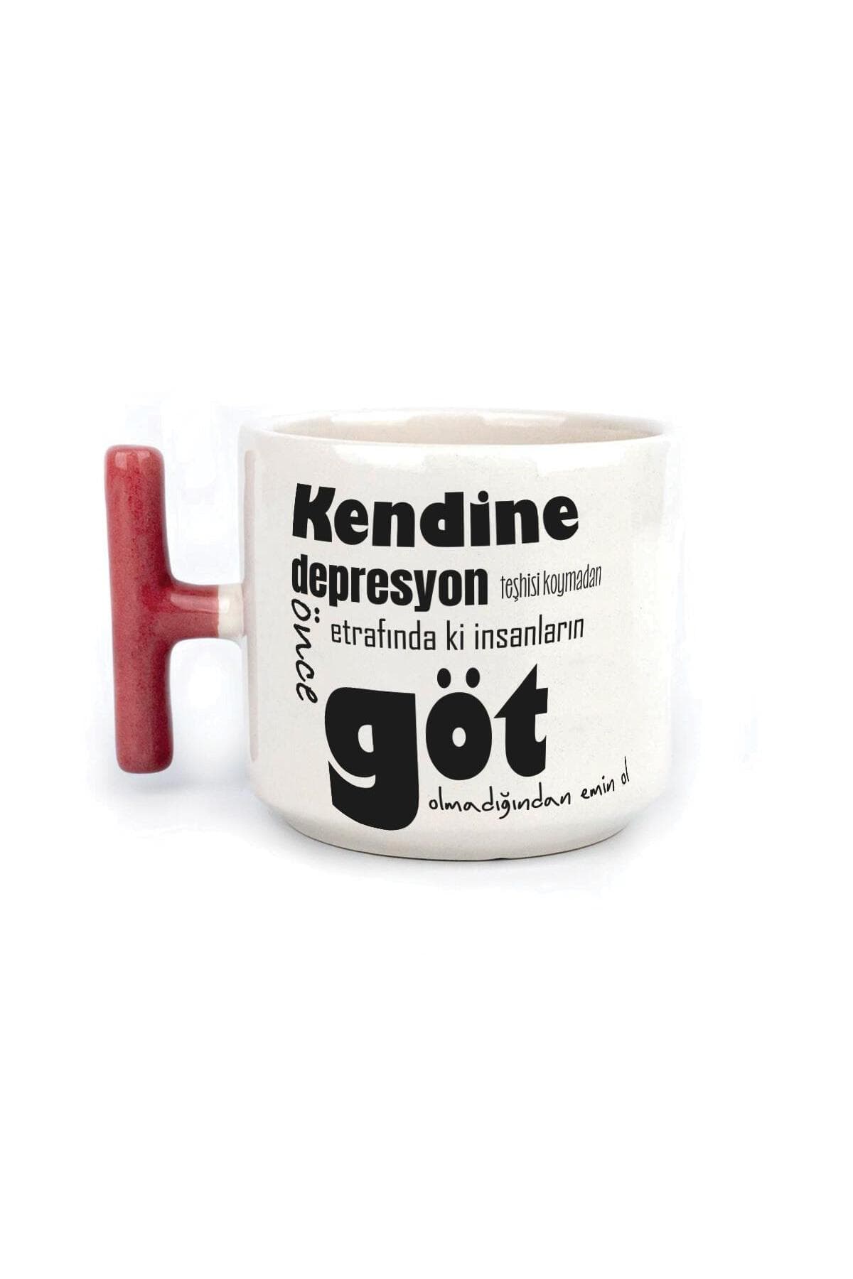 Kendine Depresyon Teşhisi Koymadan Önce Baskılı Kırmızı Kulplu T Kupa Bardak Fincan Mug