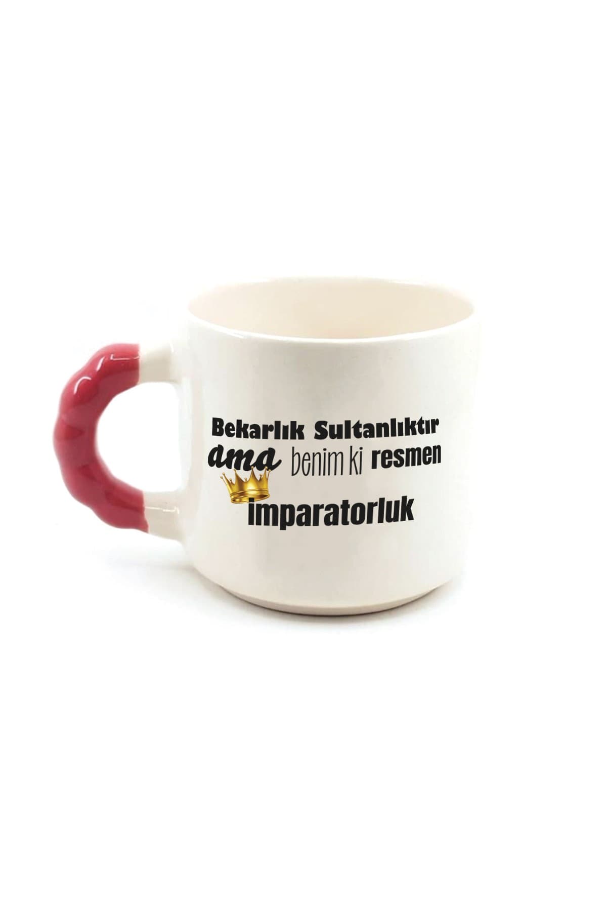Bekarlık Sultanlıktır Ama Baskılı Kırmızı Kulplu Boncuk Kupa Bardak Fincan Mug
