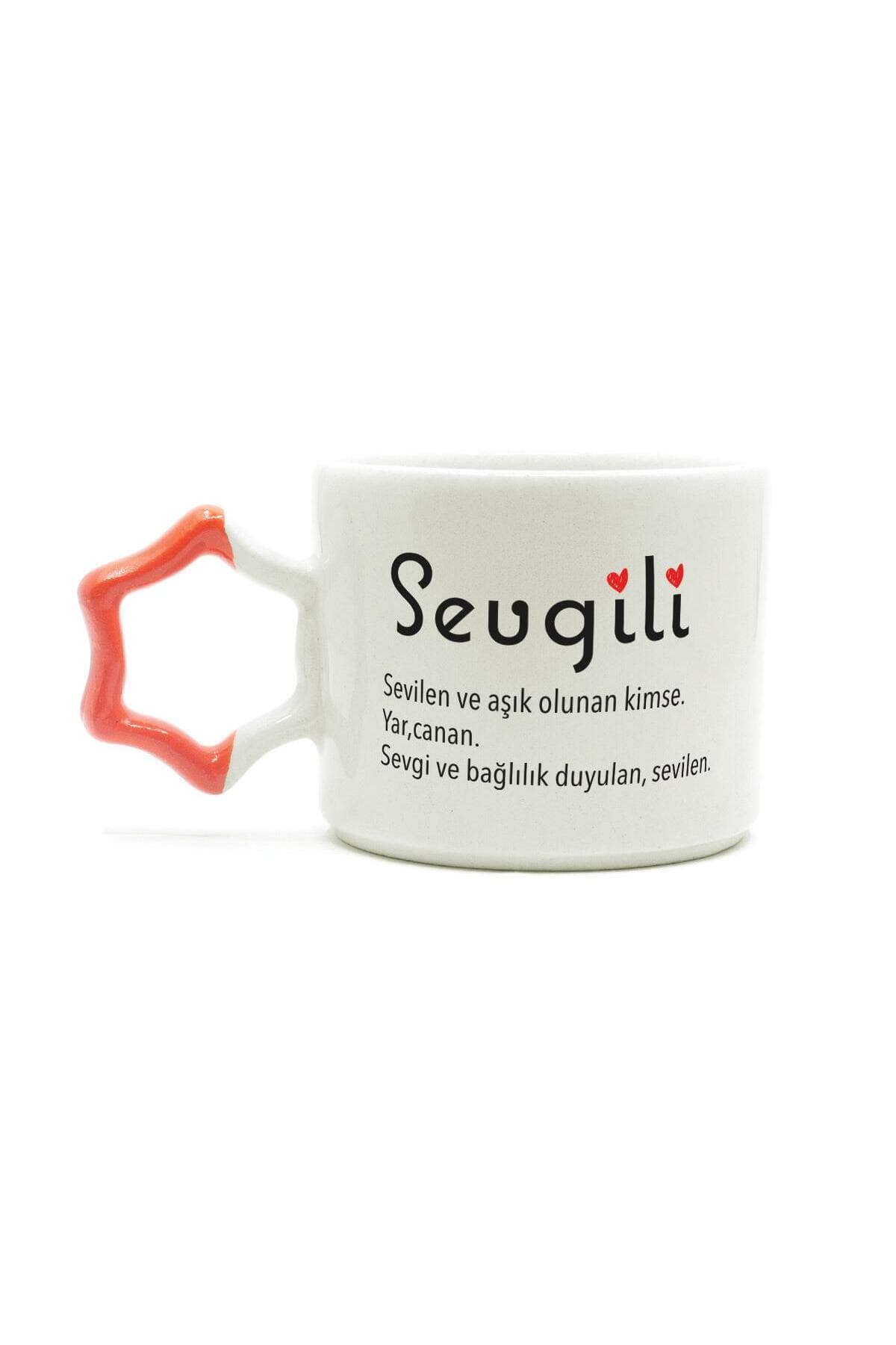 Sevgili Baskılı Turuncu Kulplu Yıldız Kupa - Sevgiliye Hediye Bardak Fincan Mug