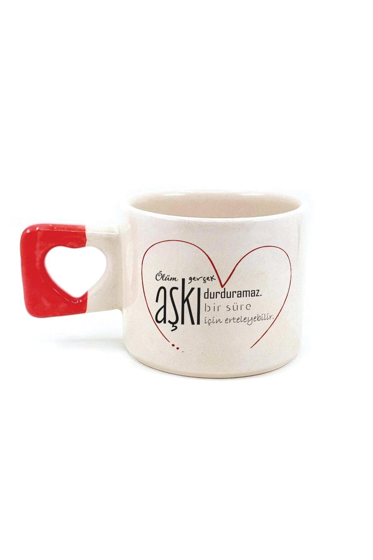 Ölüm Gerçek Aşkı Durduramaz Baskılı Kırmızı Kulplu Kalp Kupa - Sevgiliye Hediye Bardak Fincan Mug