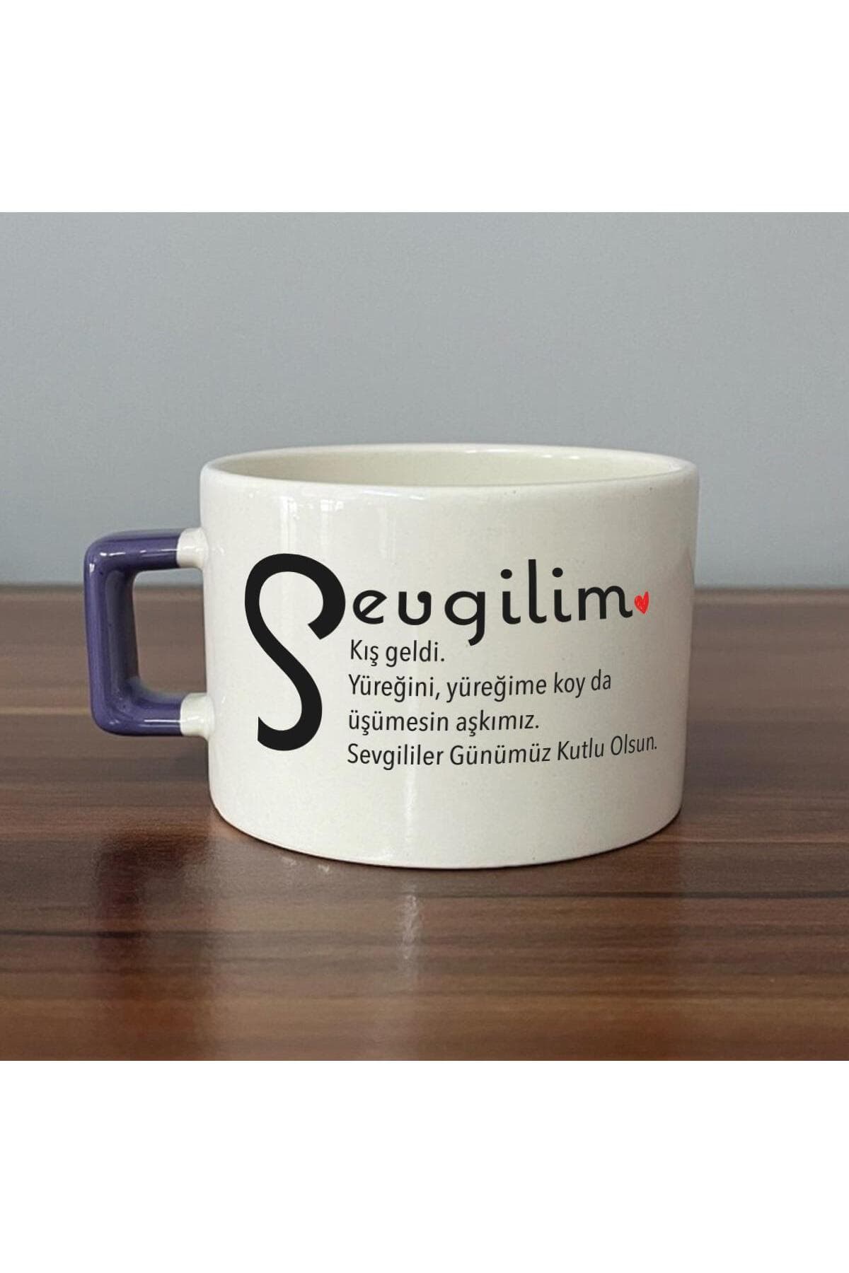 Sevgilim Baskılı Mor Kulplu Kare Kupa - Sevgiliye Hediye Bardak Fincan Mug