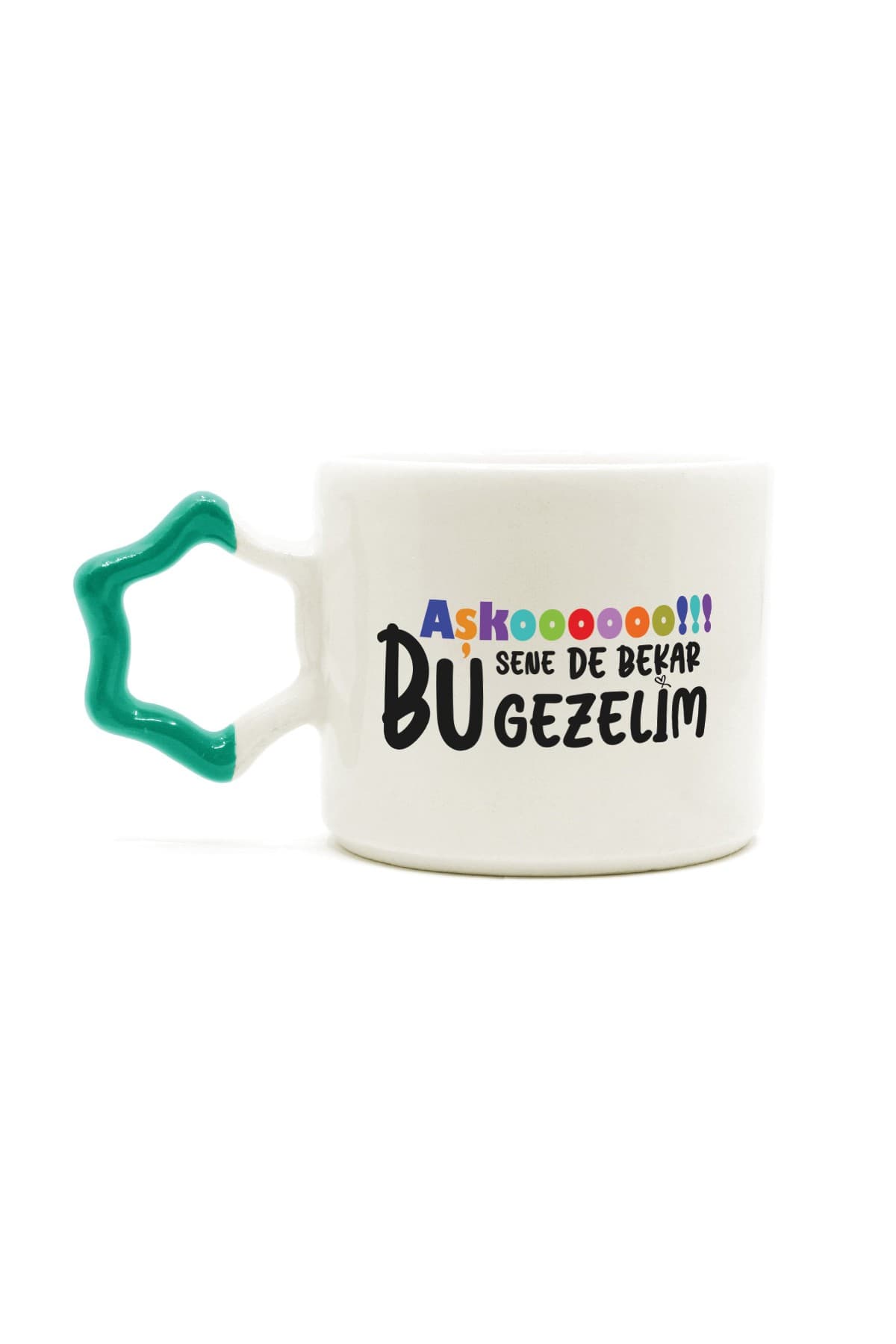 Aşkoooooo Baskılı Yeşil Kulplu Yıldız Kupa - Sevgiliye Hediye Bardak Fincan Mug