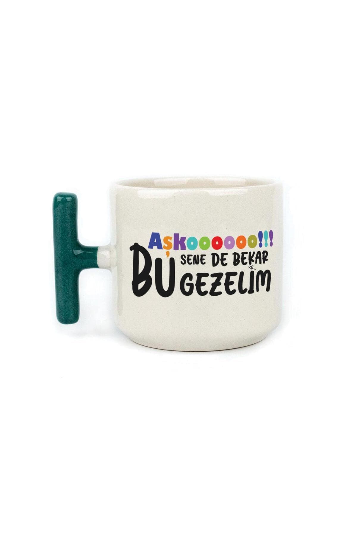 Aşkoooooo Baskılı Yeşil Kulplu T Kupa - Sevgiliye Hediye Bardak Fincan Mug