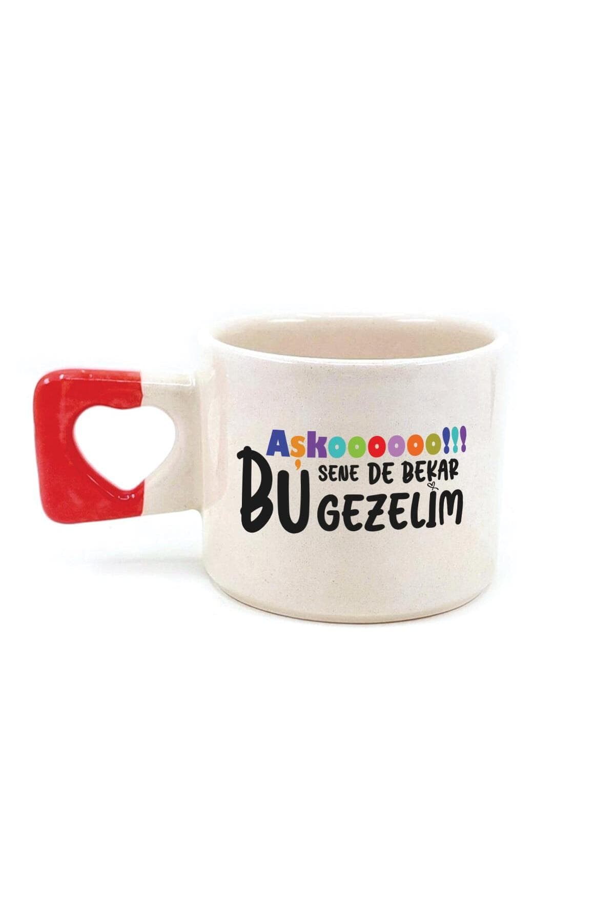 Aşkoooooo Baskılı Kırmızı Kulplu Kalp Kupa - Sevgiliye Hediye Bardak Fincan Mug