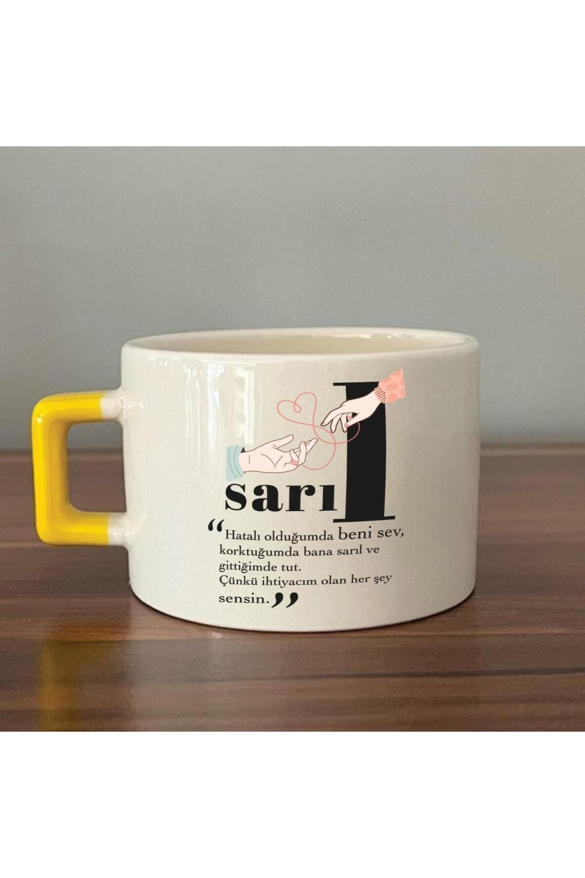 Sarıl Baskılı Sarı Kulplu Kare Kupa Bardak Fincan Mug