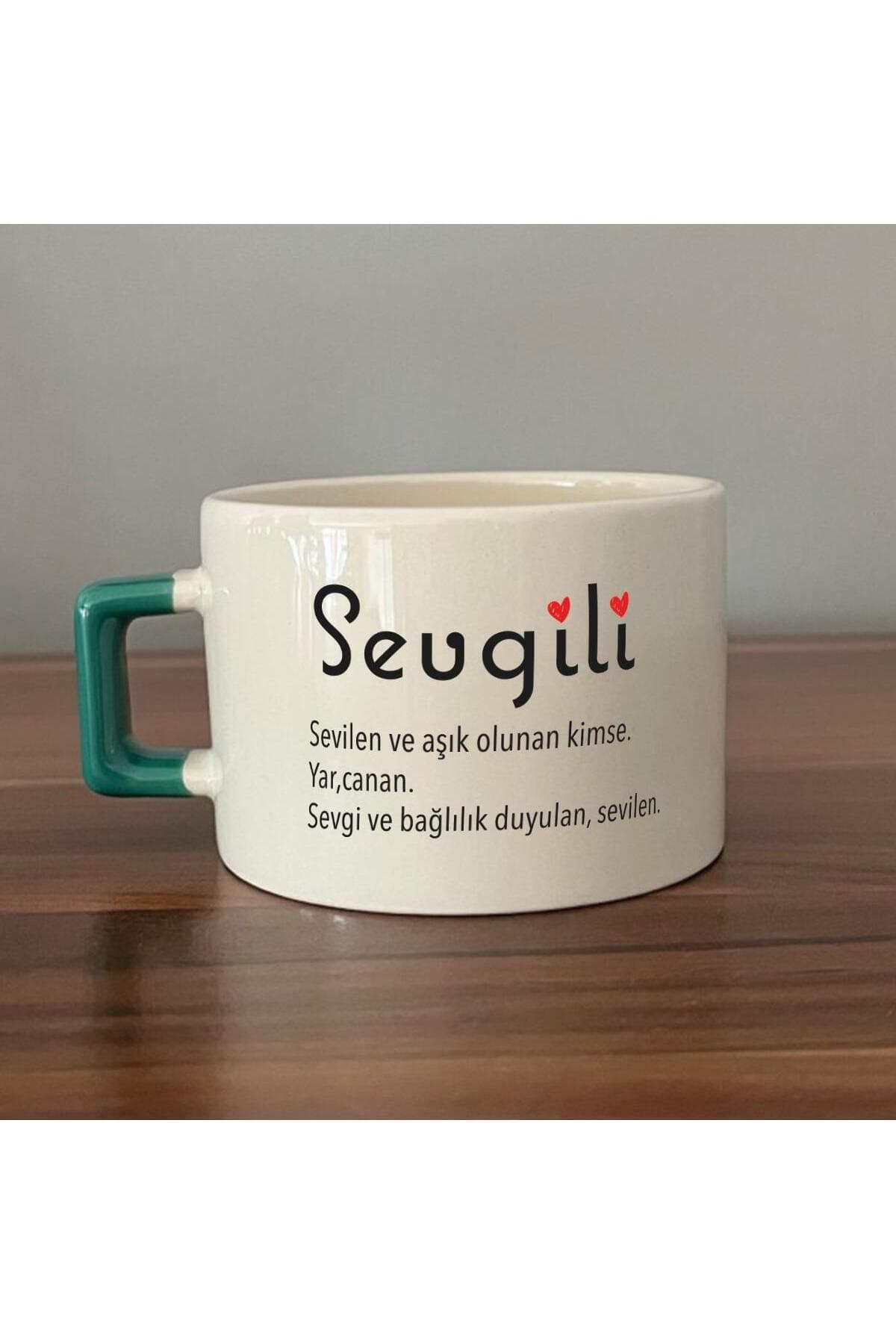 Sevgili Baskılı Yeşil Kulplu Kare Kupa - Sevgiliye Hediye Bardak Fincan Mug