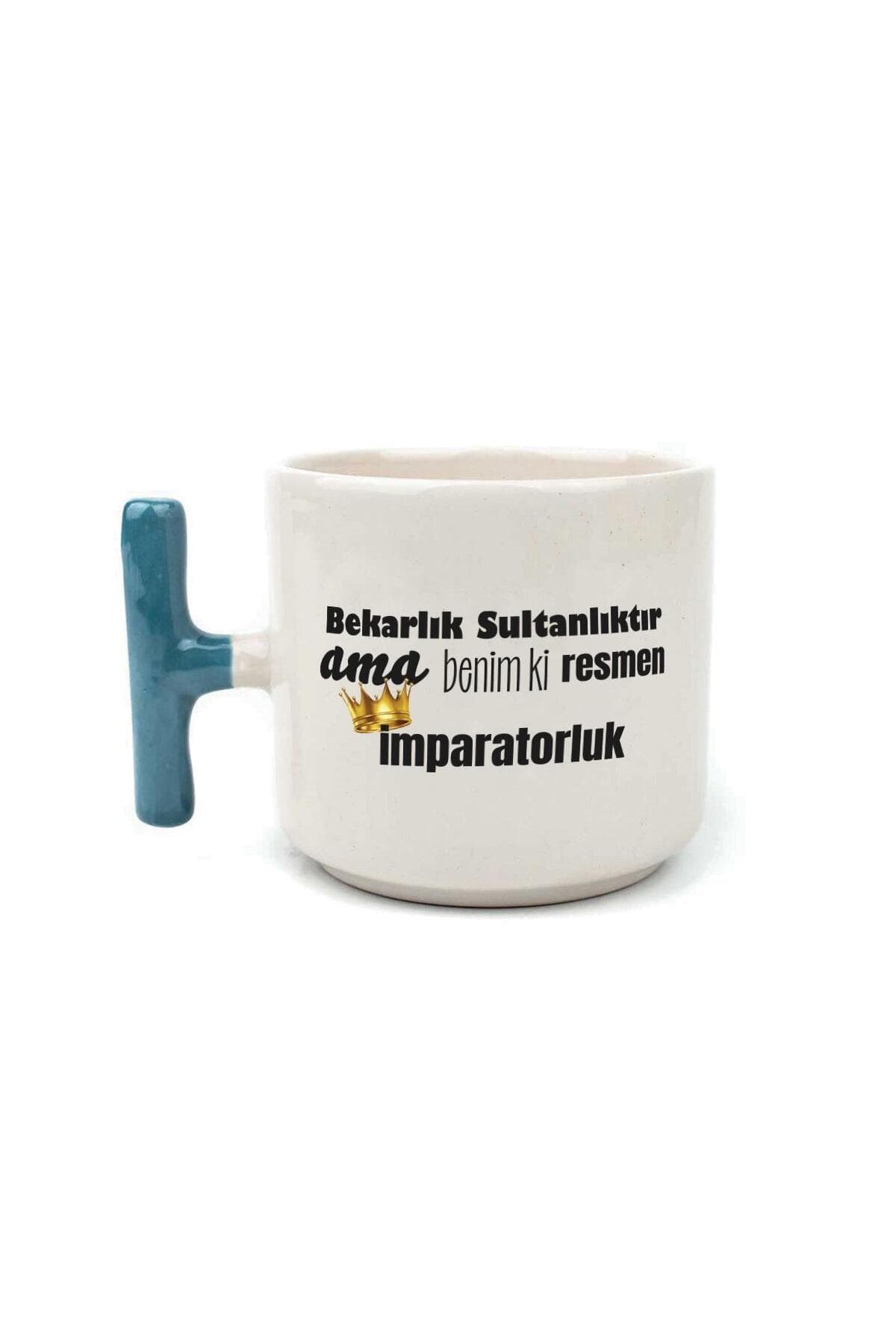 Bekarlık Sultanlıktır Ama Baskılı Mavi Kulplu T Kupa Bardak Fincan Mug