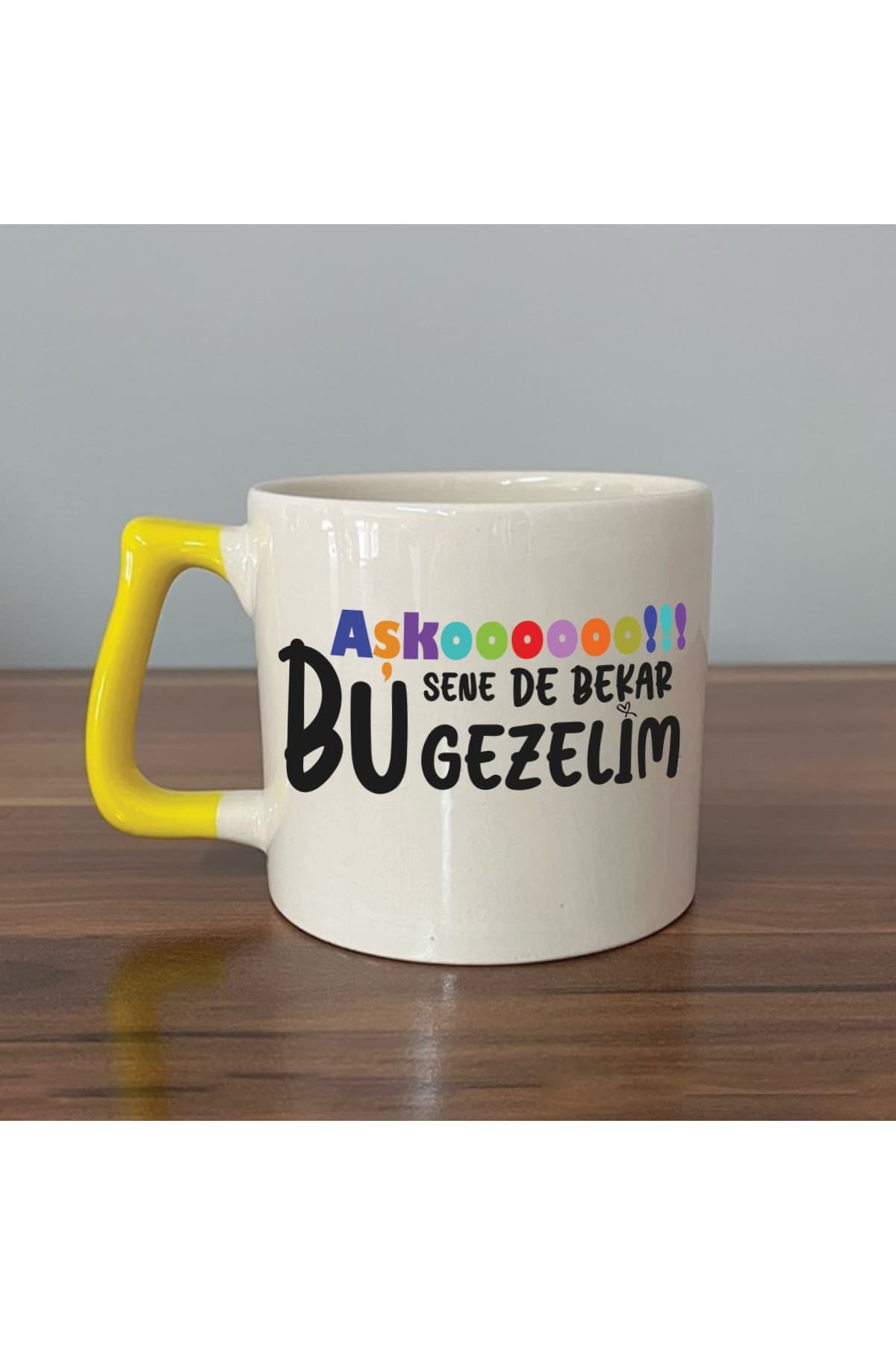 Aşkoooooo Baskılı Sarı Kulplu Prime Kupa - Sevgiliye Hediye Bardak Fincan Mug